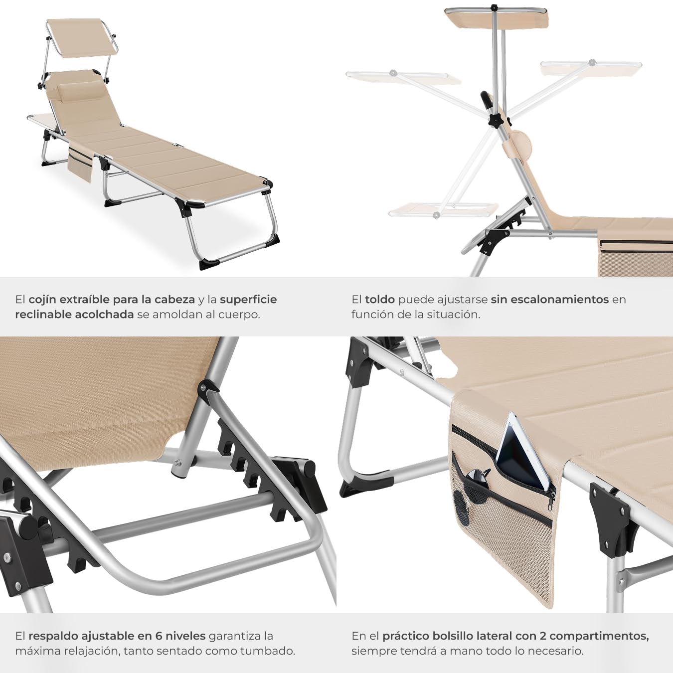 tectake® Tumbona Jardín Exterior de Aluminio, Tumbona Plegable con Reposacabezas, Parasol y Bolsillo Lateral, Playa Reclinable en 6 Posiciones, Resistente a Intemperie - Beige
