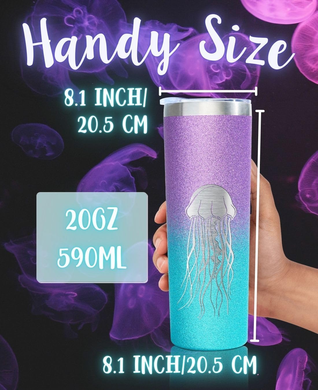 Onebttl Jellyfish Gifts for Women - 20oz/590ml Double Wall Vacuum Insulated Stainless Steel Skinny Tumblers Cups - Jellyfish Themed Gifts for Christmas - BP - Image 7