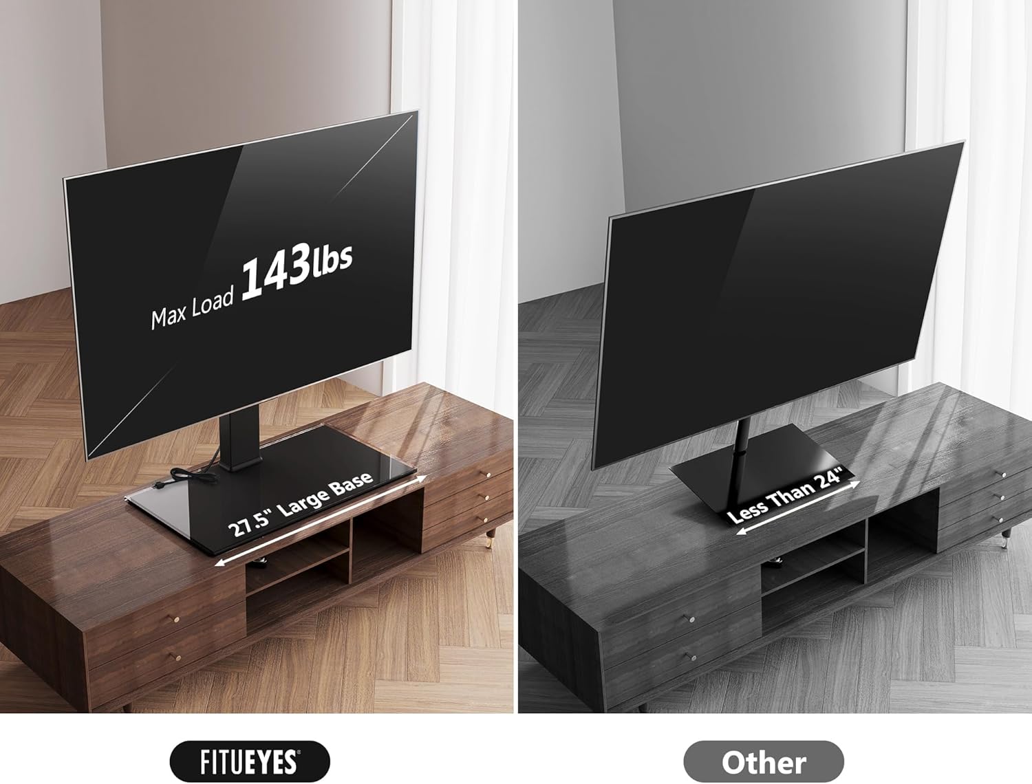 FITUEYES Universal TV Stand with Power Outlets for 50-85 inch TVs, Swivel&Height Adjustable Tall TV Stand for Bedroom Living Room, 27.5''Large Tempered Glass Base Holds up to 110 lbs.