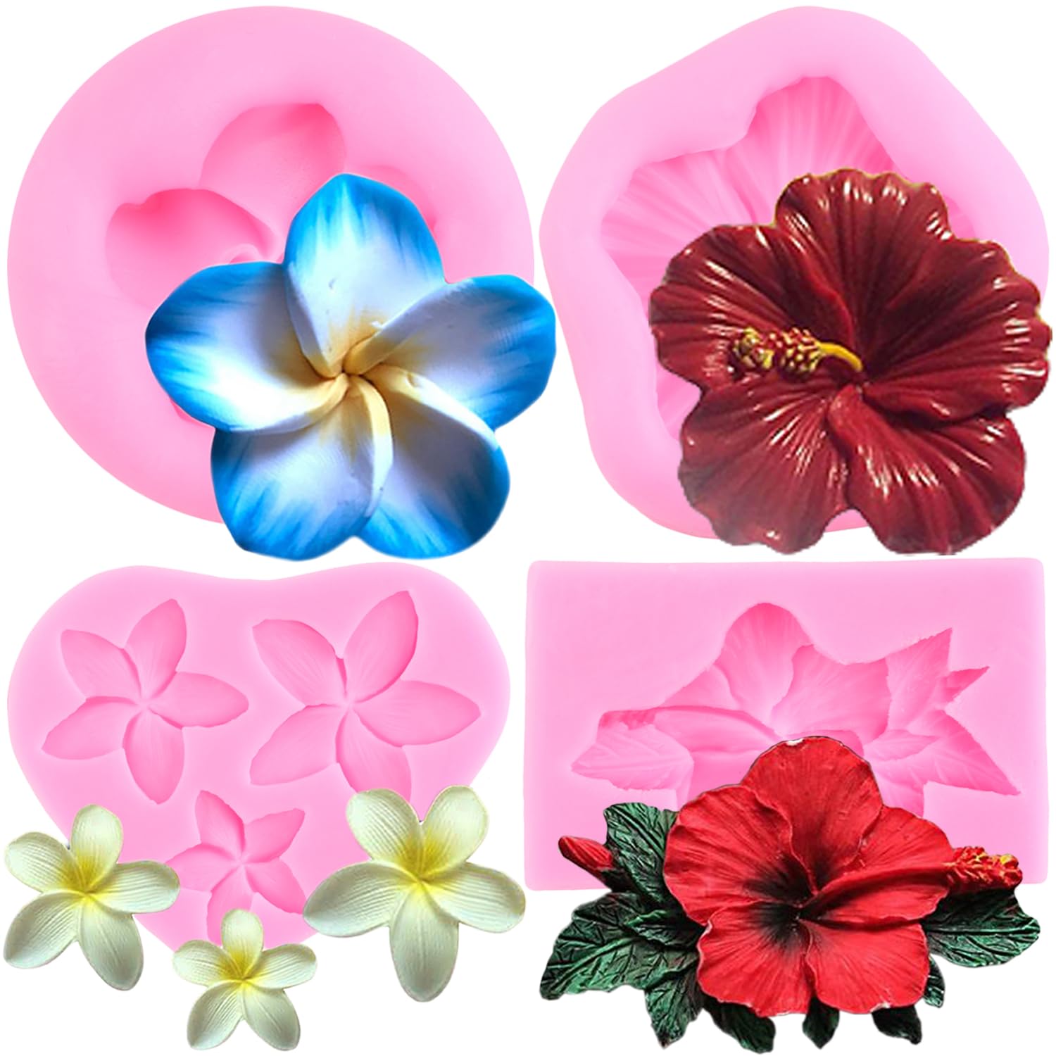 Scheam 2 Pieces Tropical Flowers Silicone Molds,Hibiscus Flower Fondant Mold ,Palm Leaf Candy Molds,Turtle Leaves Shape Resin Tools,for Cake Decorating Cupcake Topper Birthday Party Pink