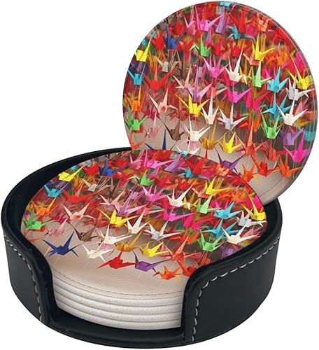 Miniatura 2 de Portavasos de cuero con soporte, juego de 6 grúas de papel de origami, posavasos impresos para bebidas, posavasos aislados para automóvil, posavasos