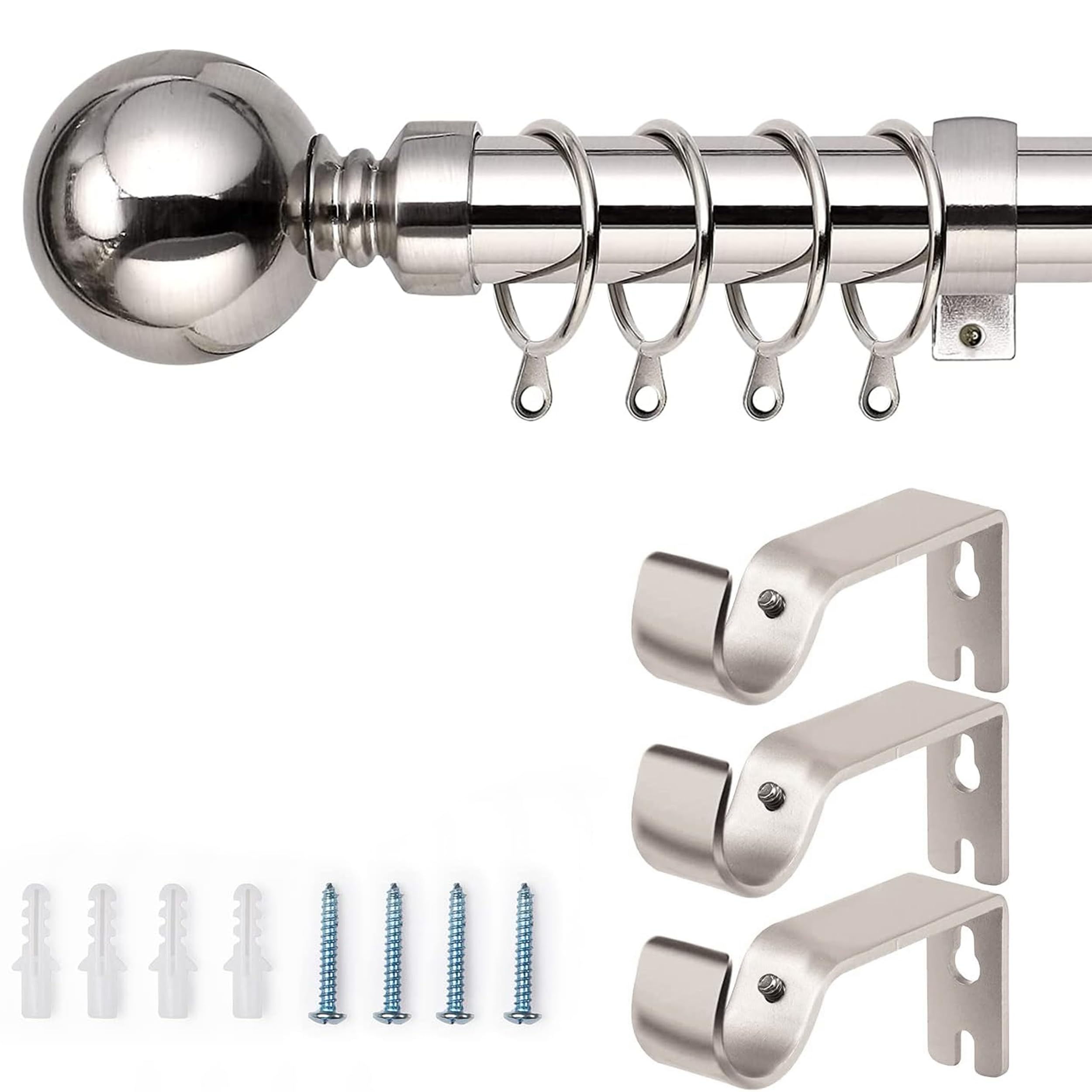 AMEHA Curtain Poles Plain Metal Ball Extendable Curtain Pole Includes Adjustable Curtain Rod, 60 mm Finials, Rings, Brackets and Fitting Set (120-210cm, 48 Inch to 84 Inch, Brushed Silver)