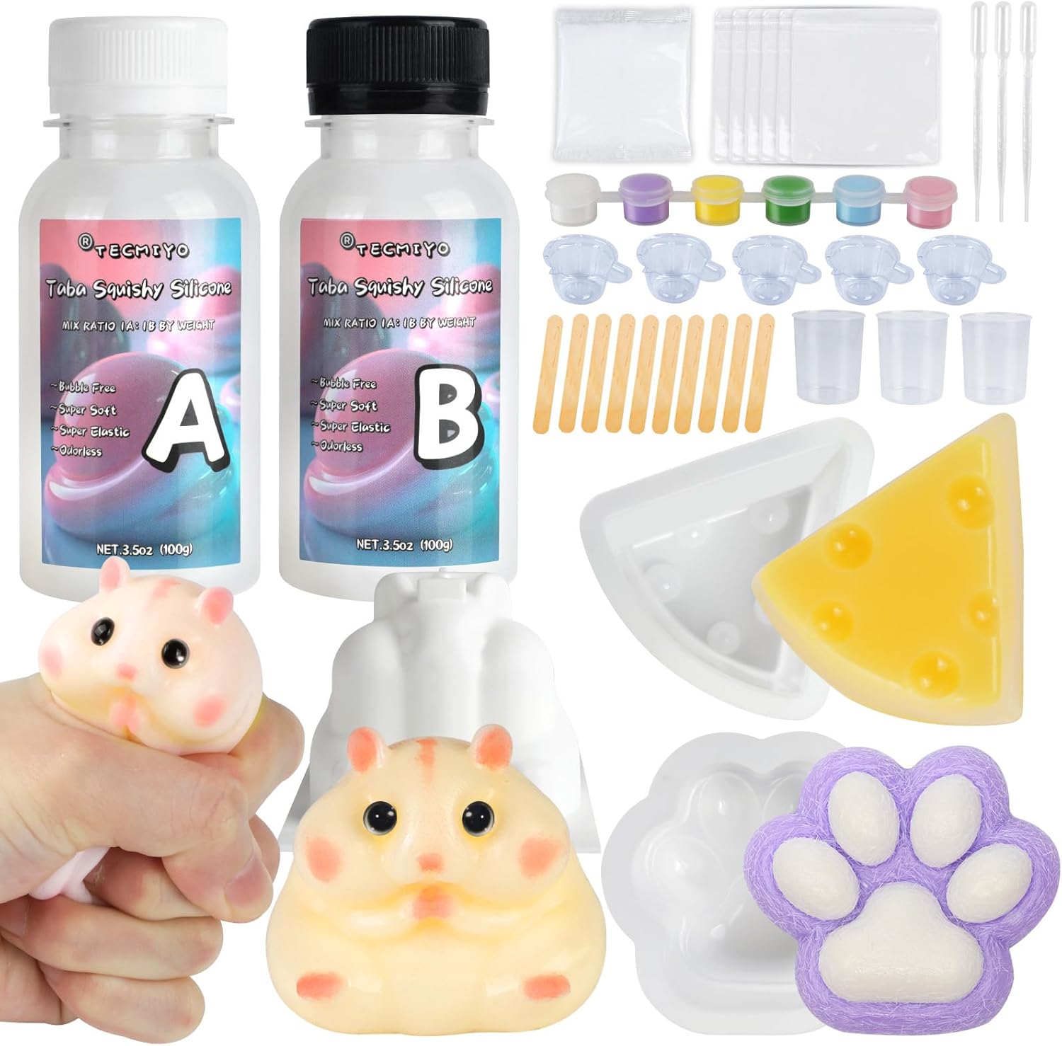 TECMIYO Taba Squishy Kit - Super Soft Silicone Gel Set with Hamster, Cat Paw & Cheese Molds for Beginners Making