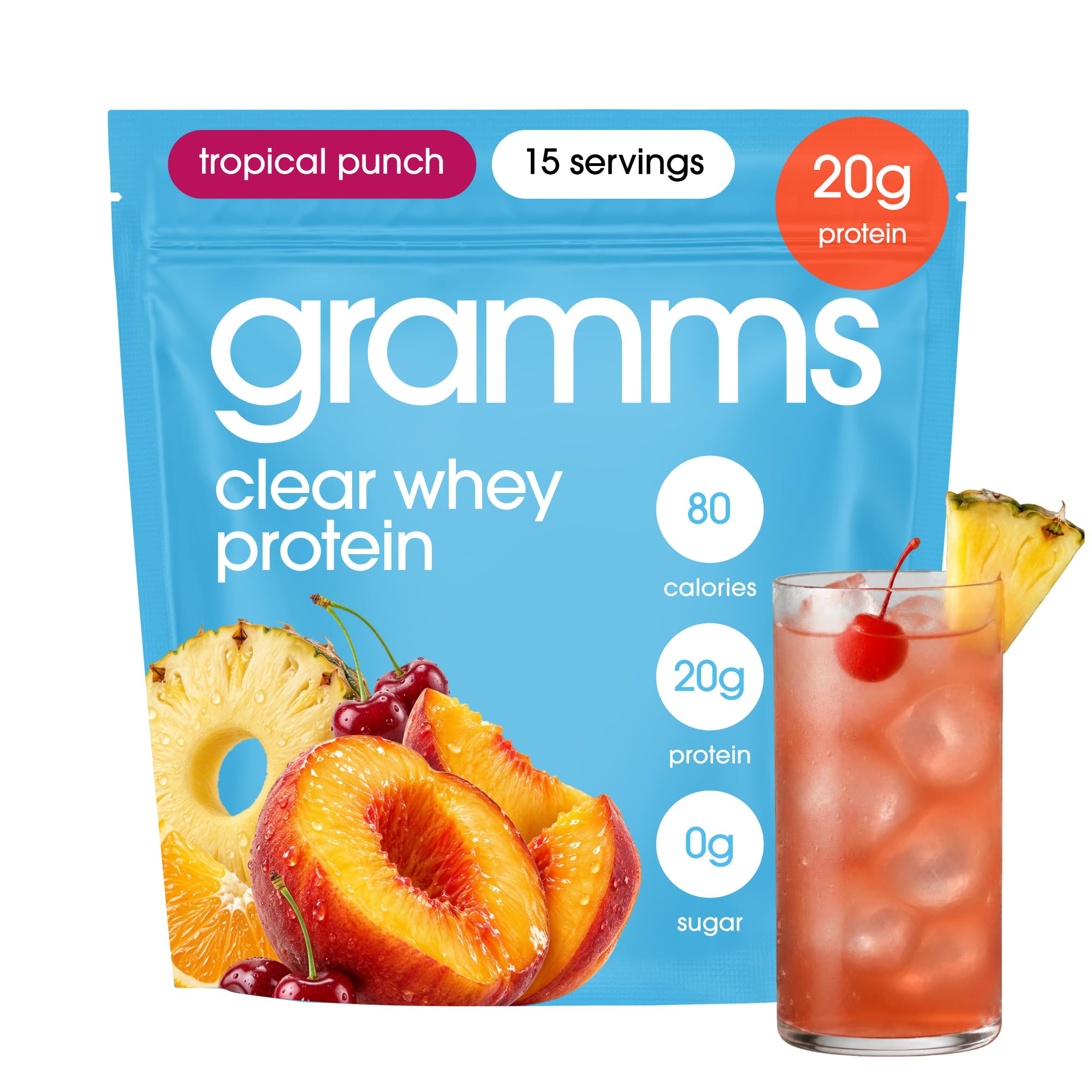 GRAMMS Clear Protein Powder | 20G Whey Isolate | Gluten Sugar Lactose Free | 3rd Party Tested for Purity, Grass Fed European Whey Isolate | Tropical Punch | 18 Servings — Amazon image 4