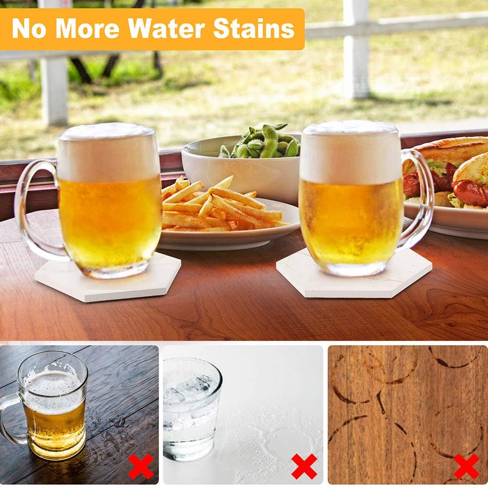 LotFancy Coasters for Drinks Absorbent, 6 Pcs Hexagon Ceramic Coasters with Holder, White Marble Coasters with Non-Slip Cork Base, Housewarming Man Cave Bar Decor Hostess Gifts