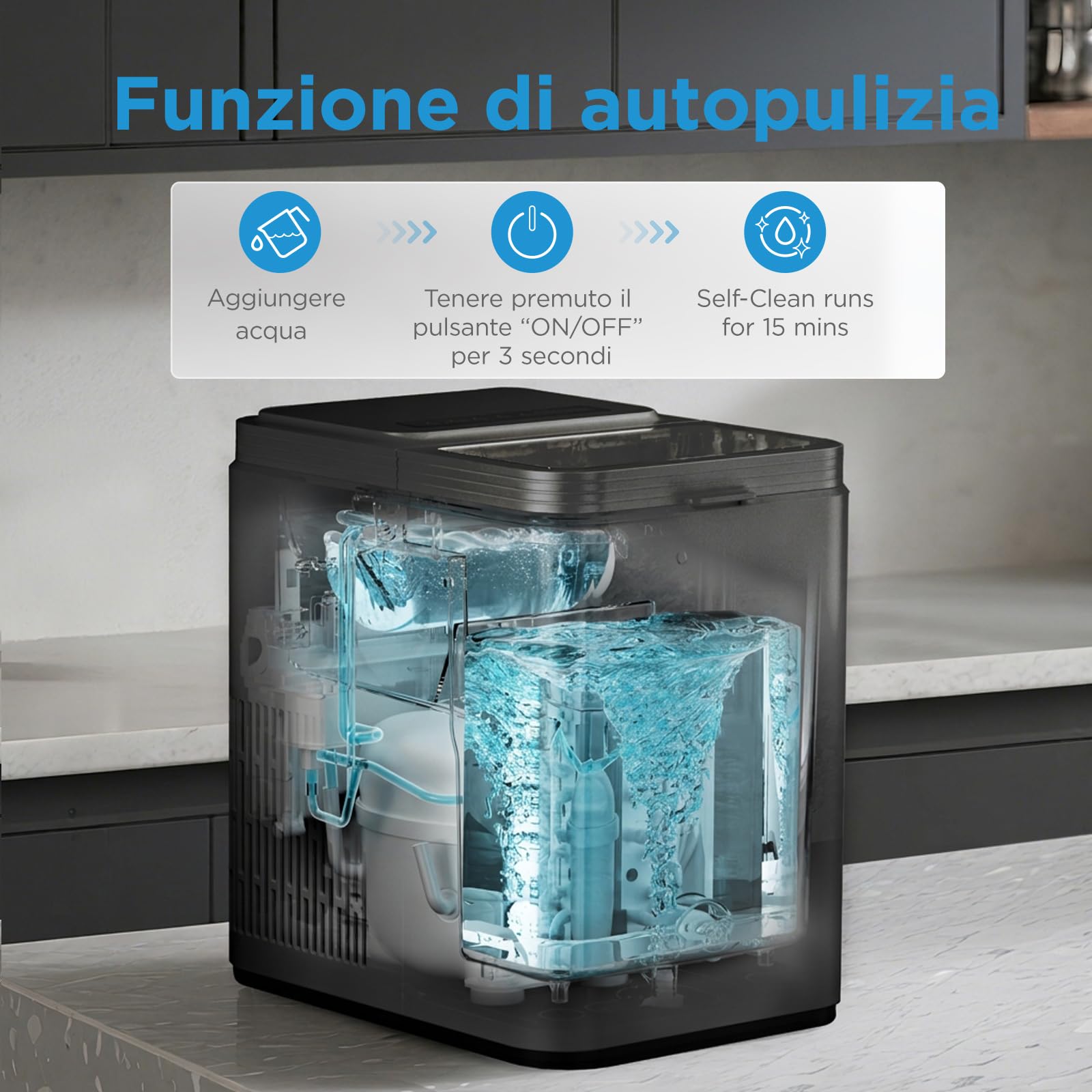 Midea MERI12BG30EU Macchina Ghiaccio 12kg/24h, 8 Cubetti in 6min, Nero | Autopulente, 2 Dimensioni Cubetti, Paletta e Cestello Inclusi, Portatile, Per Casa e Cucina, Rapida