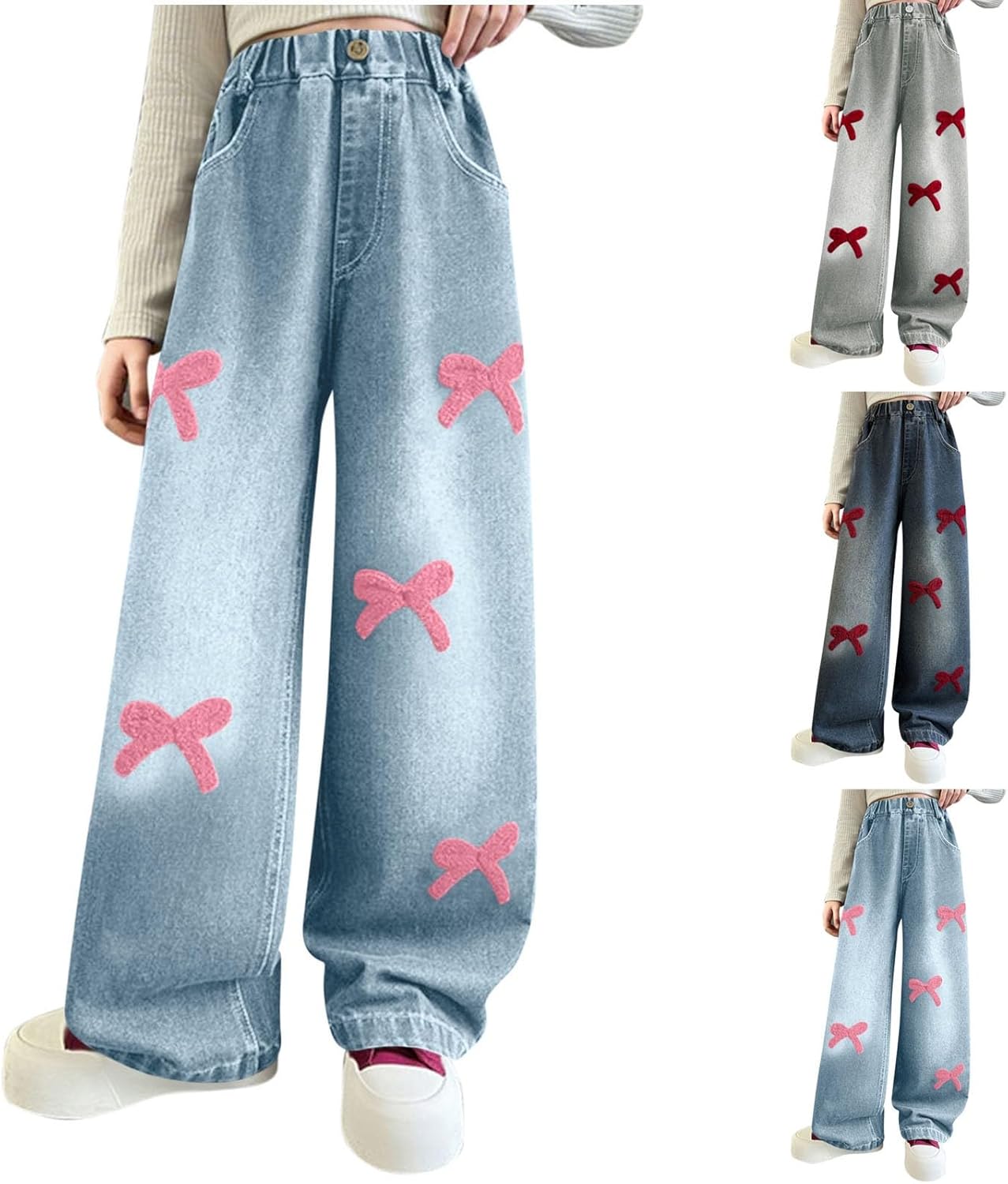 Kids Bow Embroidered Wide Leg Jeans Casual Stretchy Streetwear Elastic Waist Denim Pants for 5-15 Years with Pockets