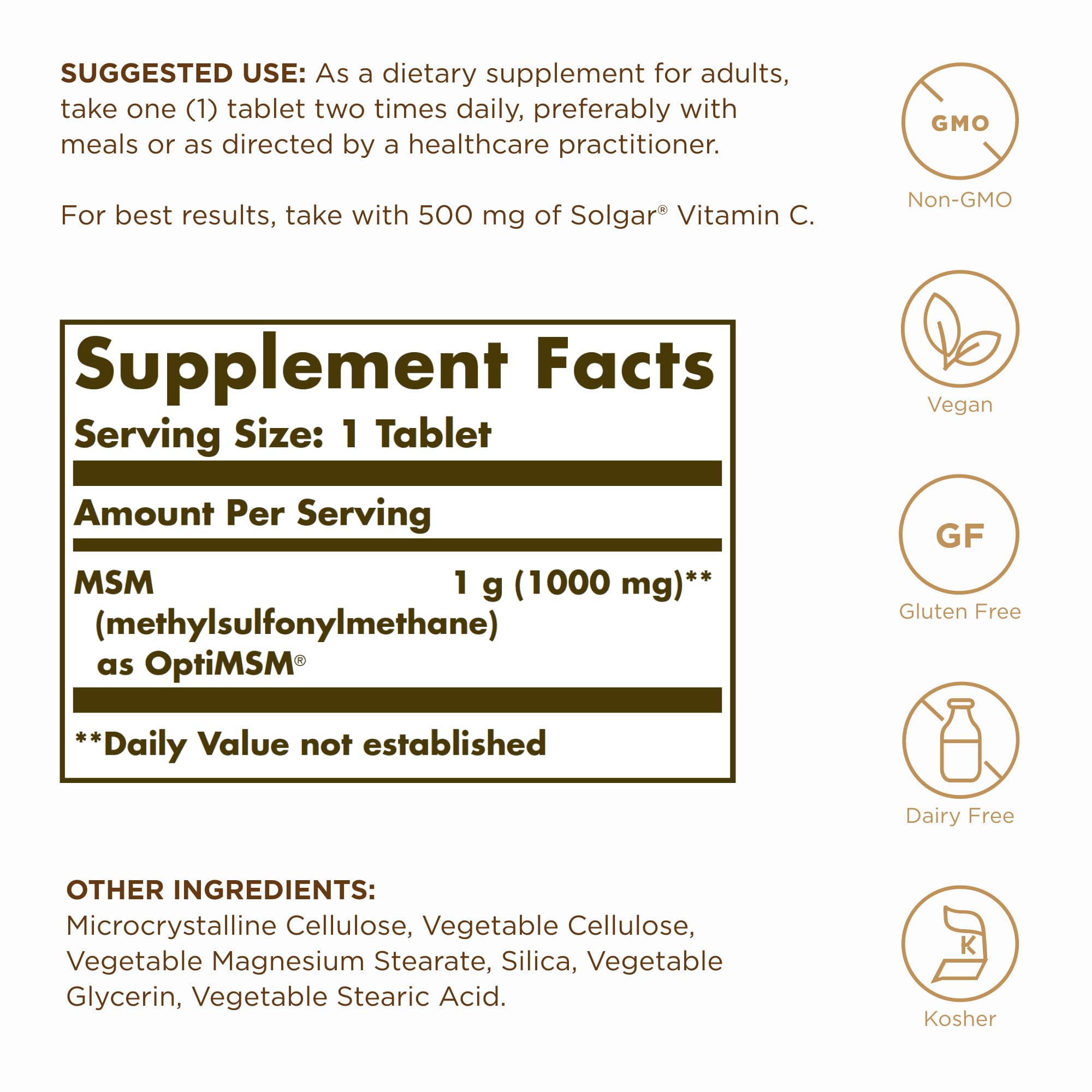 Solgar MSM 1000 mg - 120 Tablets, Pack of 2 - Supports Joints & Connective Tissue - Non-GMO, Vegan, Gluten Free, Dairy Free, Kosher - 240 Total Servings — Amazon image 2