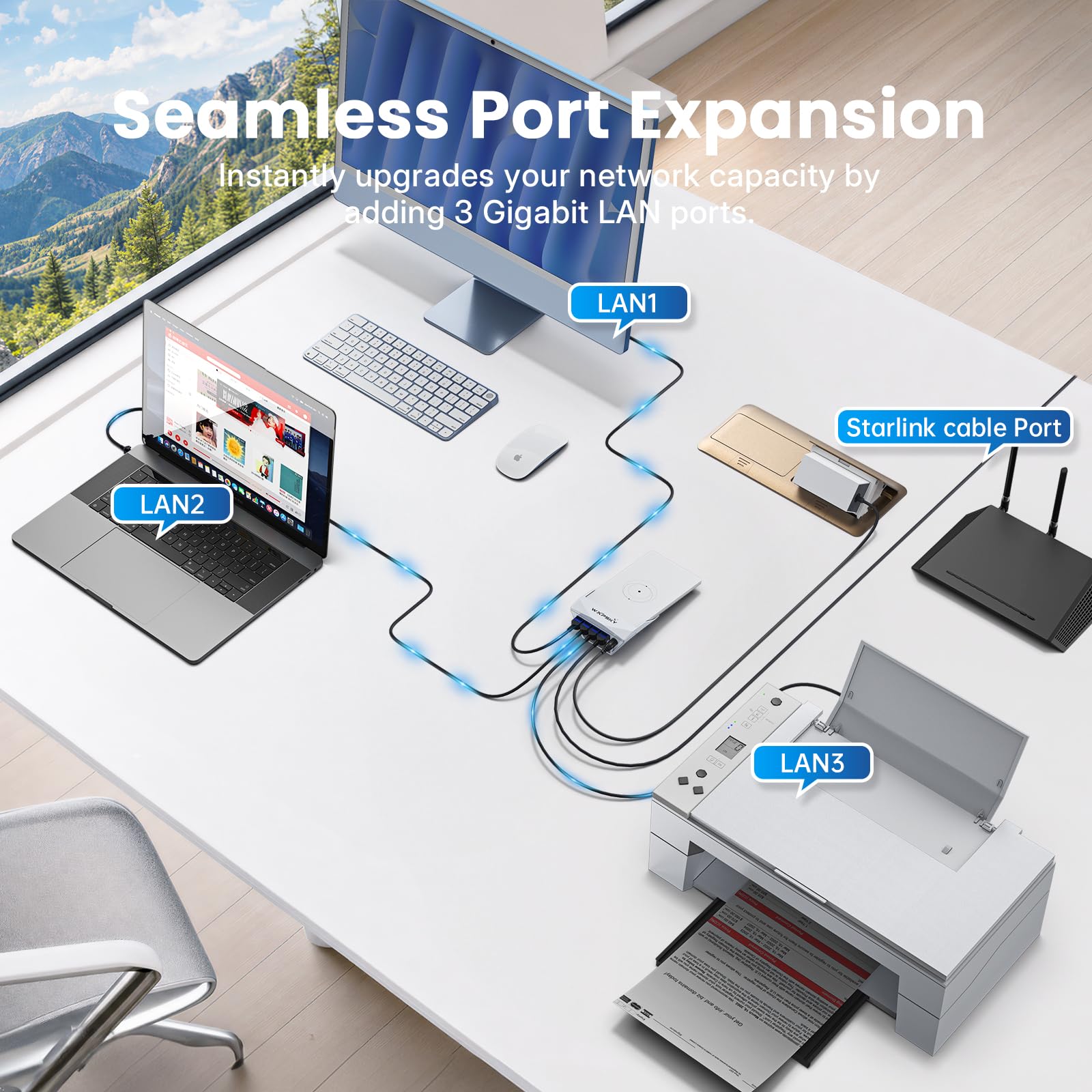Starlink Mini adaptateur Ethernet et support pour routeur, station d'accueil Gigabit avec 3 ports LAN, montage mural et extension de réseau adhésive pour la maison, le camping-car et le bureau