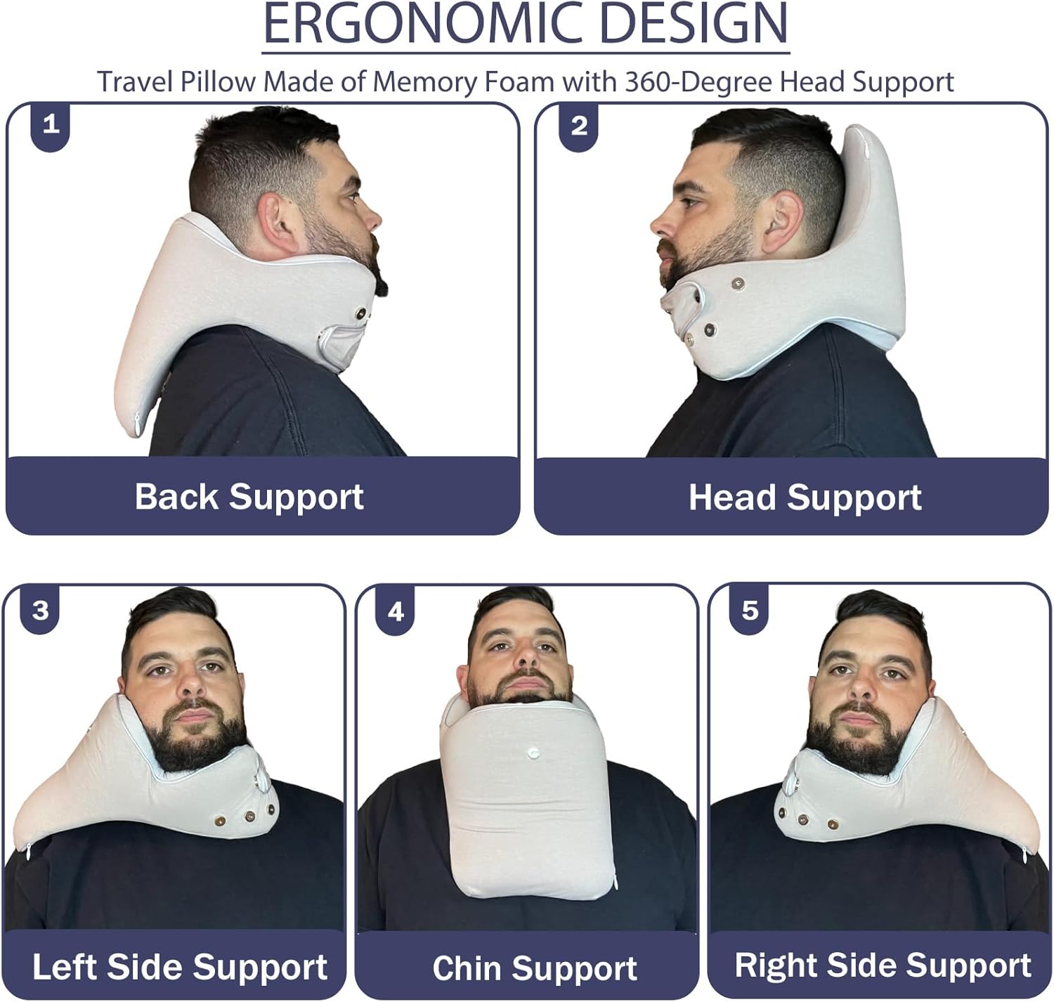 GOLDORANGE Travel Pillow Adjustable Memory Foam Neck Pillows Chin Neck Back Support for Sleeping Airplane Car Bus Home Office Gaming Travel Accessories, Grey