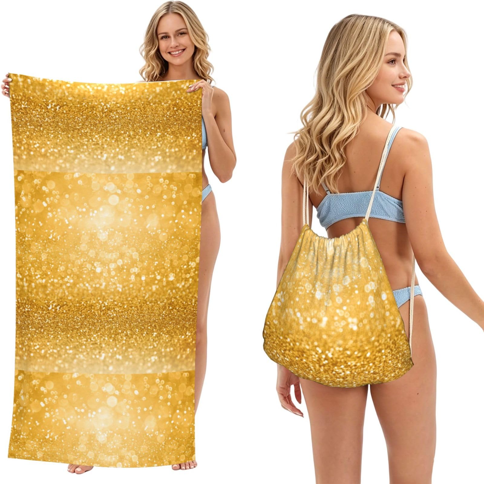 Poadnly As Picture Images Of Glitter, 2 In 1 Packable Towel Bag, Beach Towels With Drawstring Backpack For Travel Holiday Camping