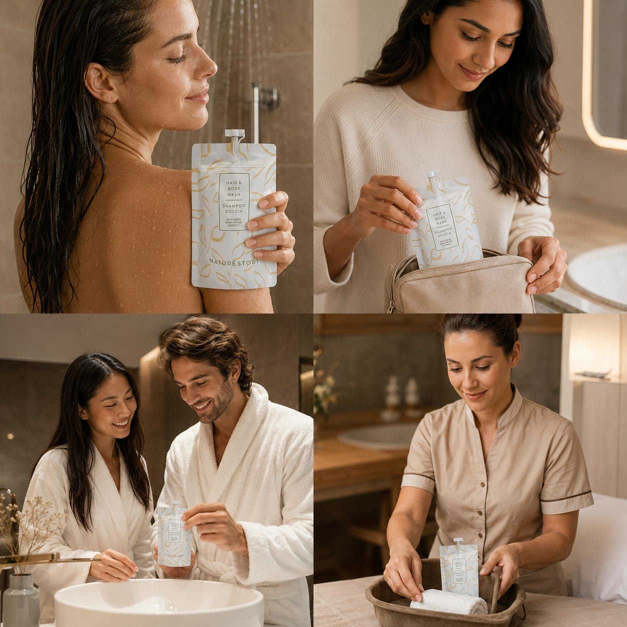 Shampoo Doccia Monodose 30 ml Doypack Richiudibile Linea Cortesia Hotel B&B Estratto Ortica Bianca Delicato Pelli Sensibili Made in Italy Eco Friendly Kit Viaggio Ospiti