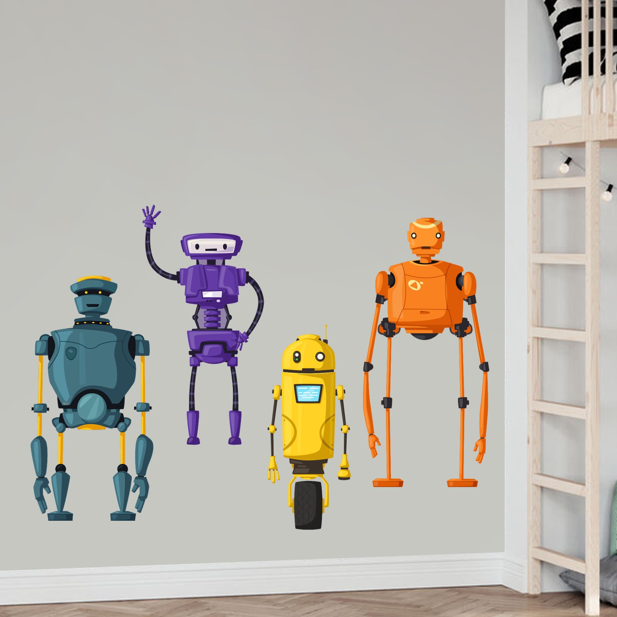 Themed Green Robot Wall Sticker - Set Of Four Robots Decal Wall Art (120Cm Width X 70Cm Height)