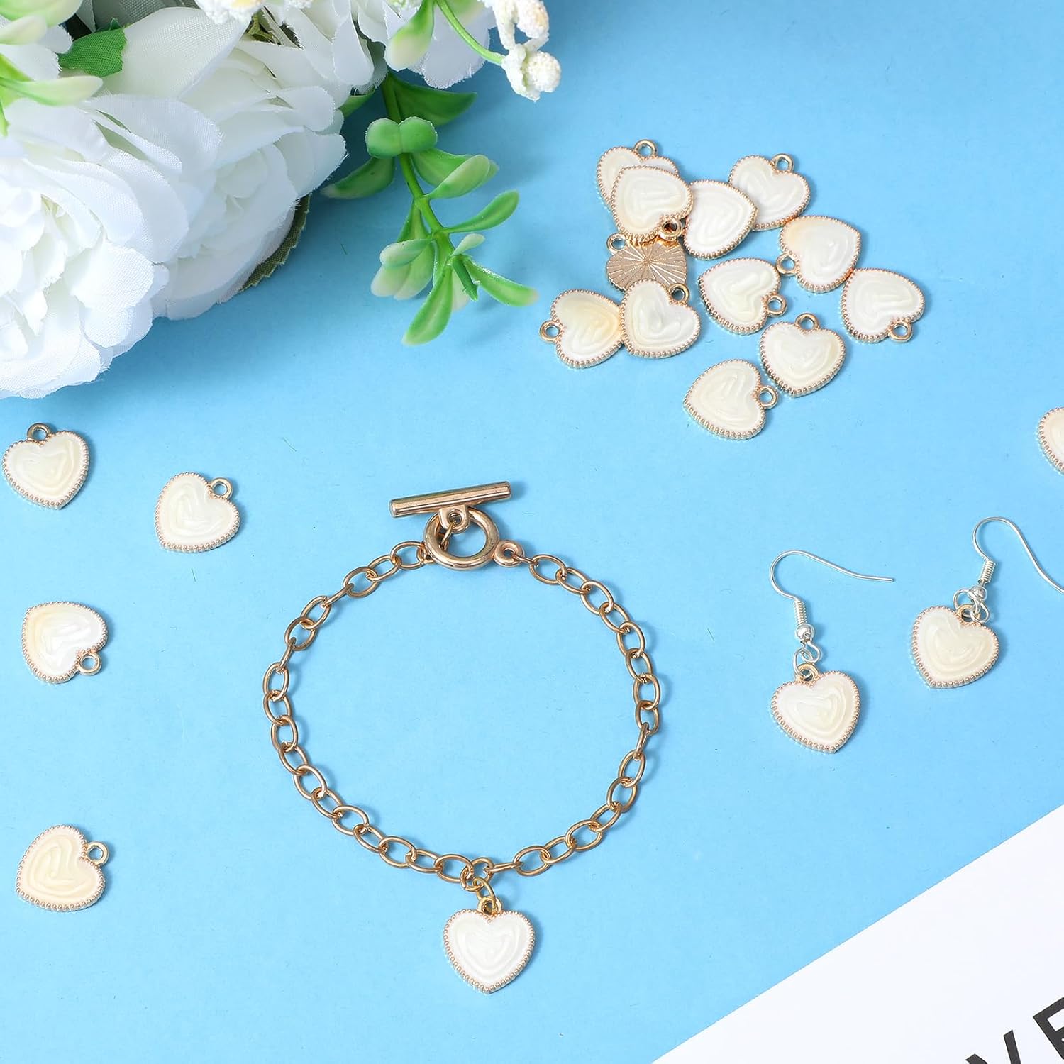 White Heart Charms,40Pcs Oil-Drop Pearlescent Cute Charms for Jewelry Making,Gold-Rimmed Bracelets Pendants White Love Charm Bracelet & Necklace Charm for DIY Keychain Earrings Crafts - Image 7