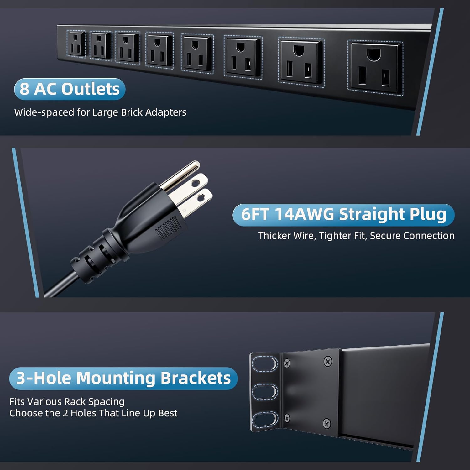 8-Outlet 1U Rack Mount PDU Power Strip, 6ft Cord 14AWG Cord, 2000J Surge Protection – for 19-Inch Network Server Racks
