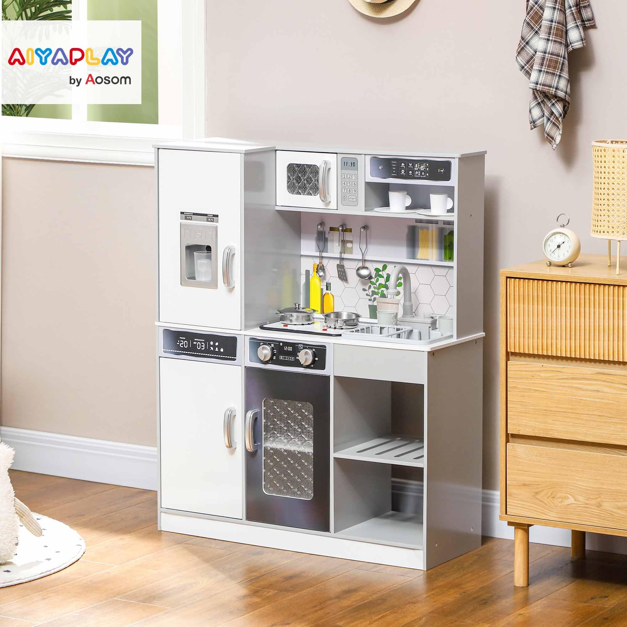 AIYAPLAY Cucina Giocattolo per Bambini in Legno con Fornello, Luci e Suoni, Forno, Microonde, Frigo, Macchina del Ghiaccio, Caffettiera, Lavello con Ricircolo d'Acqua e Accessori, per 3-8 Anni