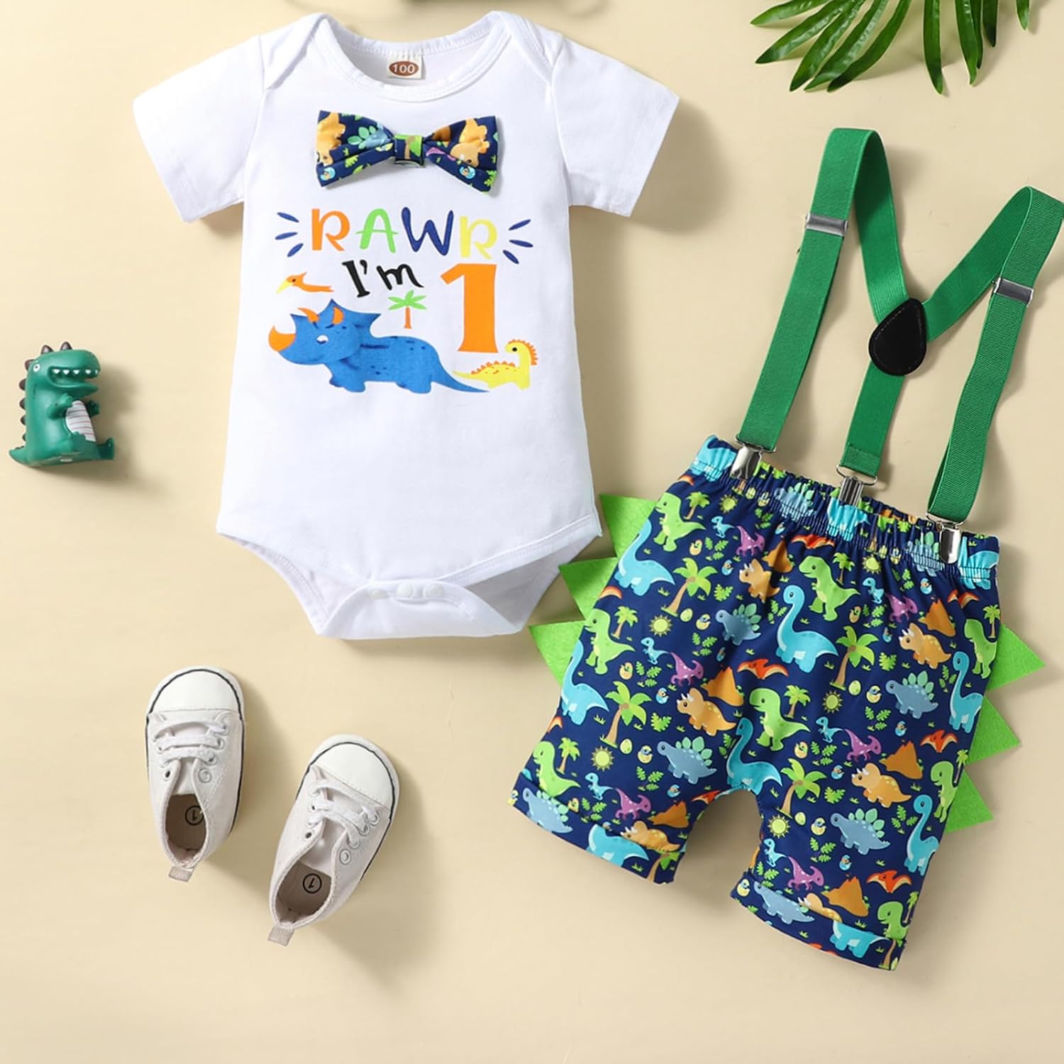 Baby Boy 1st Birthday Cake Smash Outfit Bow Tie Halloween dinosaur Adjustable Y Suspenders Pants Clothes set