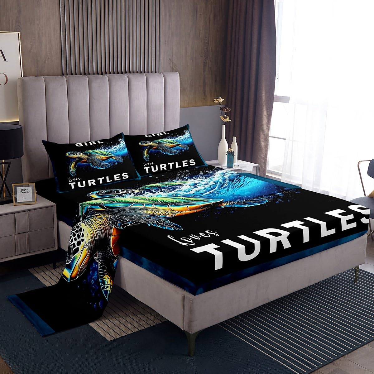 jejeloiu Ocean Themed Fitted Sheet Full Size Sea Turtle Bedding Set for Boys Girls Teens Reptile Tortoise Bed Sheets Set Black