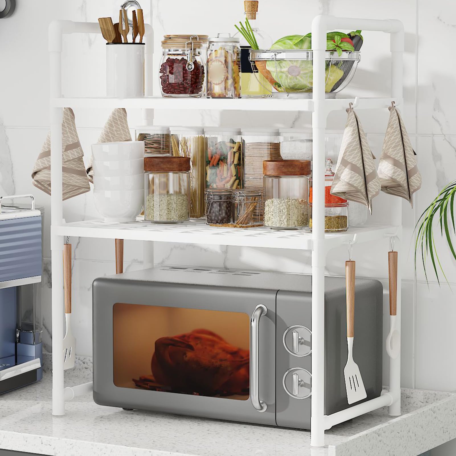 Générique Support De Four à Micro-Ondes, Support De Cuisine, étagère à Micro -Ondes, Support De Cuisine, Support De Four, Unité D'organisation, Comptoir Extensible Avec 3 Crochets De Suspensi