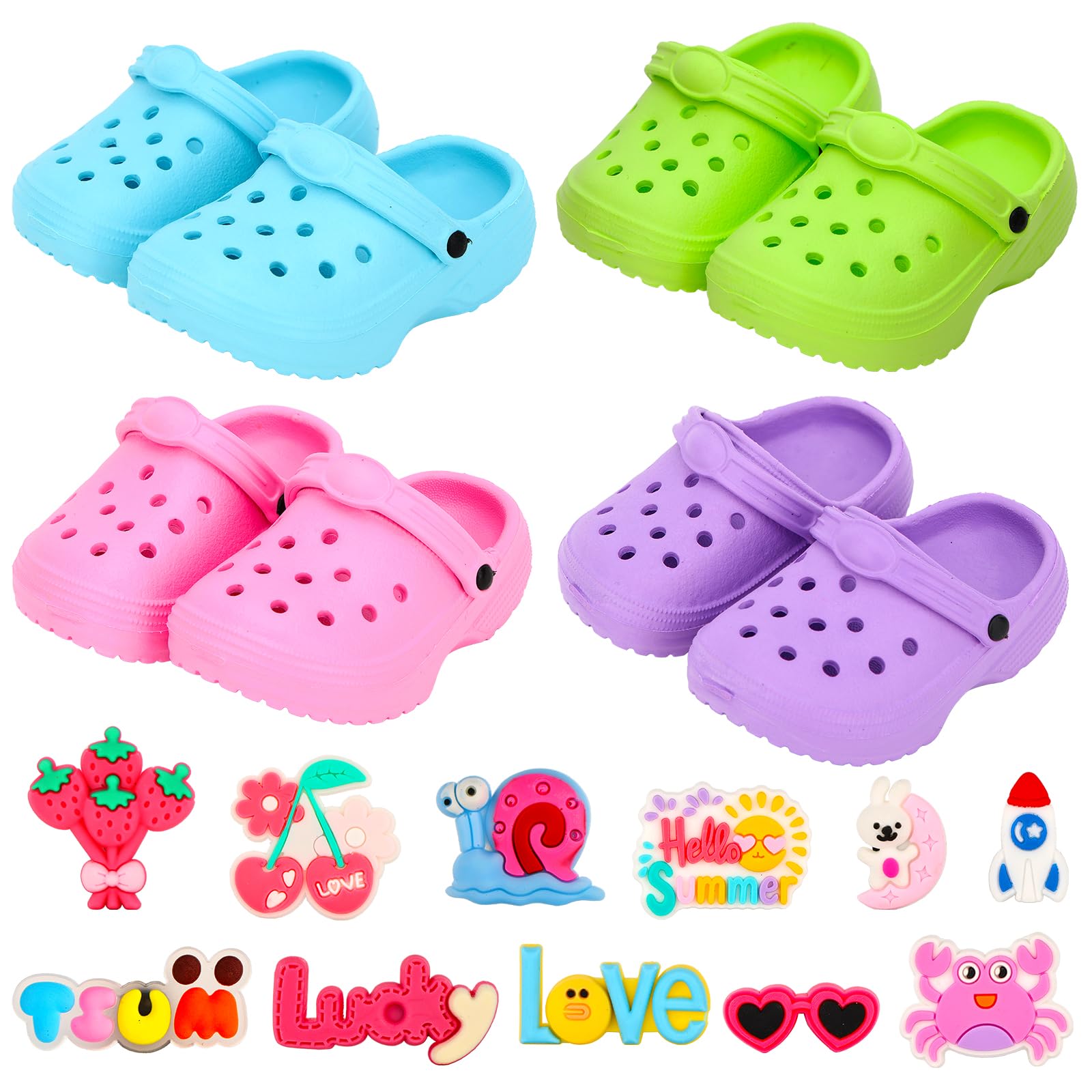 Miunana Baby Doll Shoes Accessories Set, 4 Macaron Color Doll Hole Shoes with 8 Random Decorative Pins, Fit for 14-18 Inch Dolls, DIY Dress-up Set for 35-45 cm Baby Doll, Gifts for Kids Girls Children
