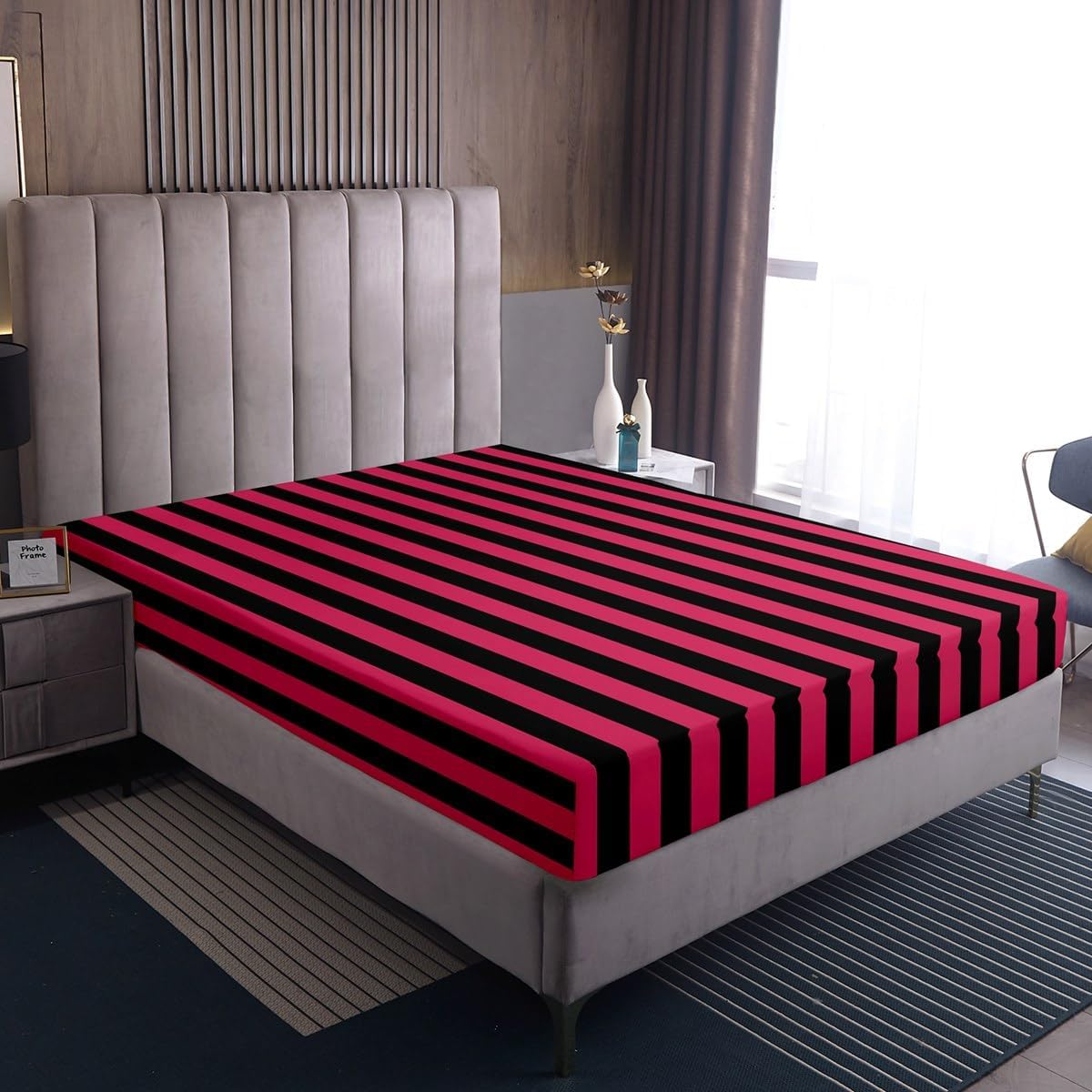 Rose Pink Black Fitted Sheet Stripes Geometric Bedding Set for Kids Boys Girls Teens Room Decor Modern Bed Sheets Set Twin Size Luxury 2Pcs Soft Lightweight Microfiber