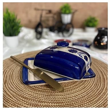 SPHINX Ceramic Butter Dish, Butter Pot with lid Mughal Blue Pottery Handmade, Freezer Safe table serving ware for daily use, gifting - 1 set (Mughal Blue)