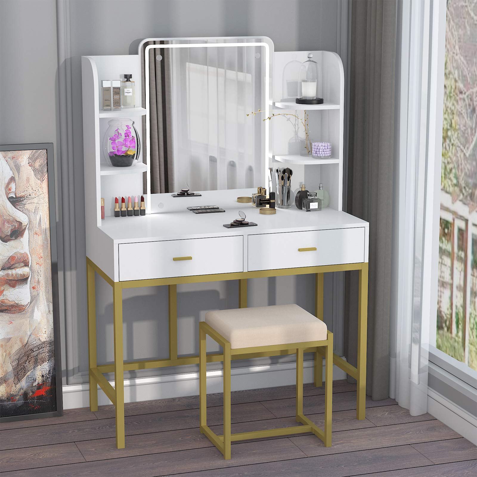 CABINAHOME Vanity Set with Lighted Mirror, Makeup Vanity Dressing Table with LED Lights, Storage Shelves, Cushioned Stool & 2 Drawers, Dresser Desk for Bedroom, Gold-White