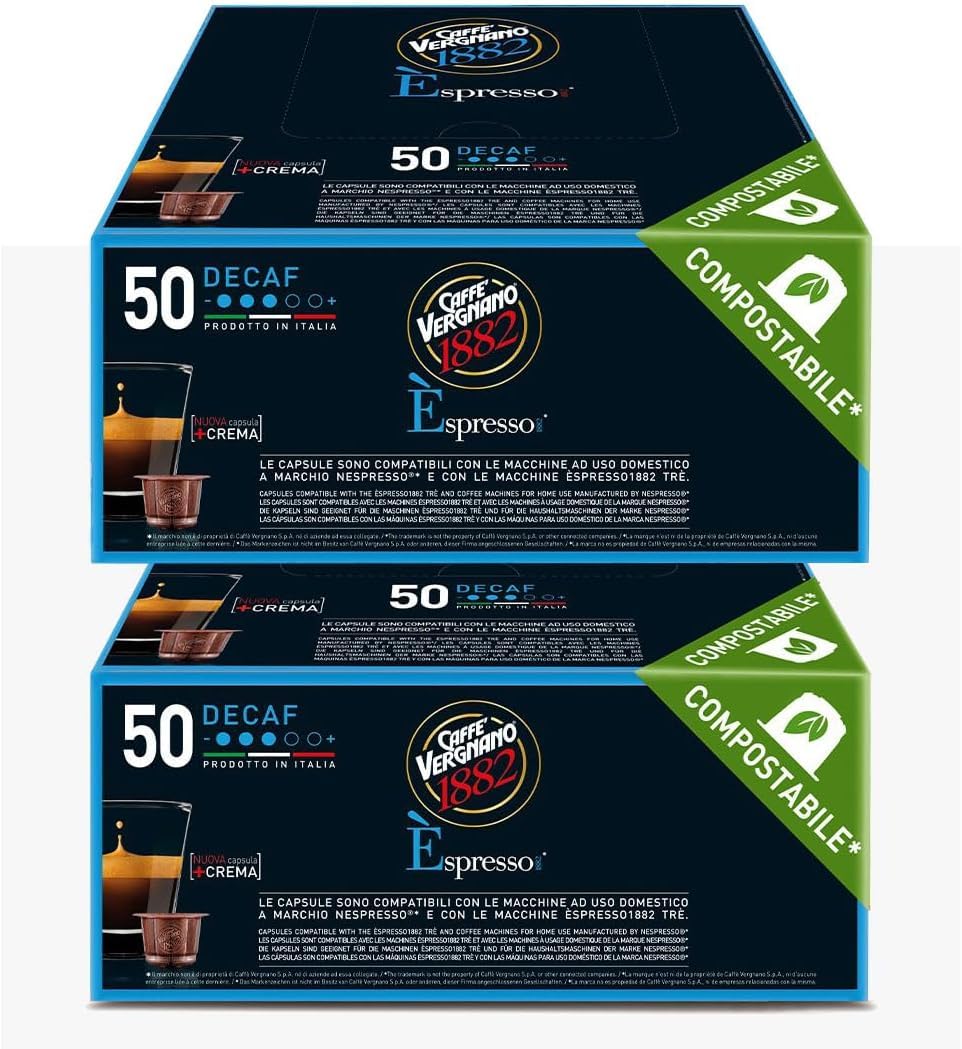 Caffè Vergnano 1882 Èspresso Miscela DEK Decaffeinato, 200 Capsule Compostabili Compatibili Nespresso -DD-