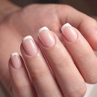 Artquee Classic French Tip Press on Nails Short Pink White Square False Tips Clear Glossy Reusable Fake Stick on Nails Kit for Women - 30 PCS 15 Sizes