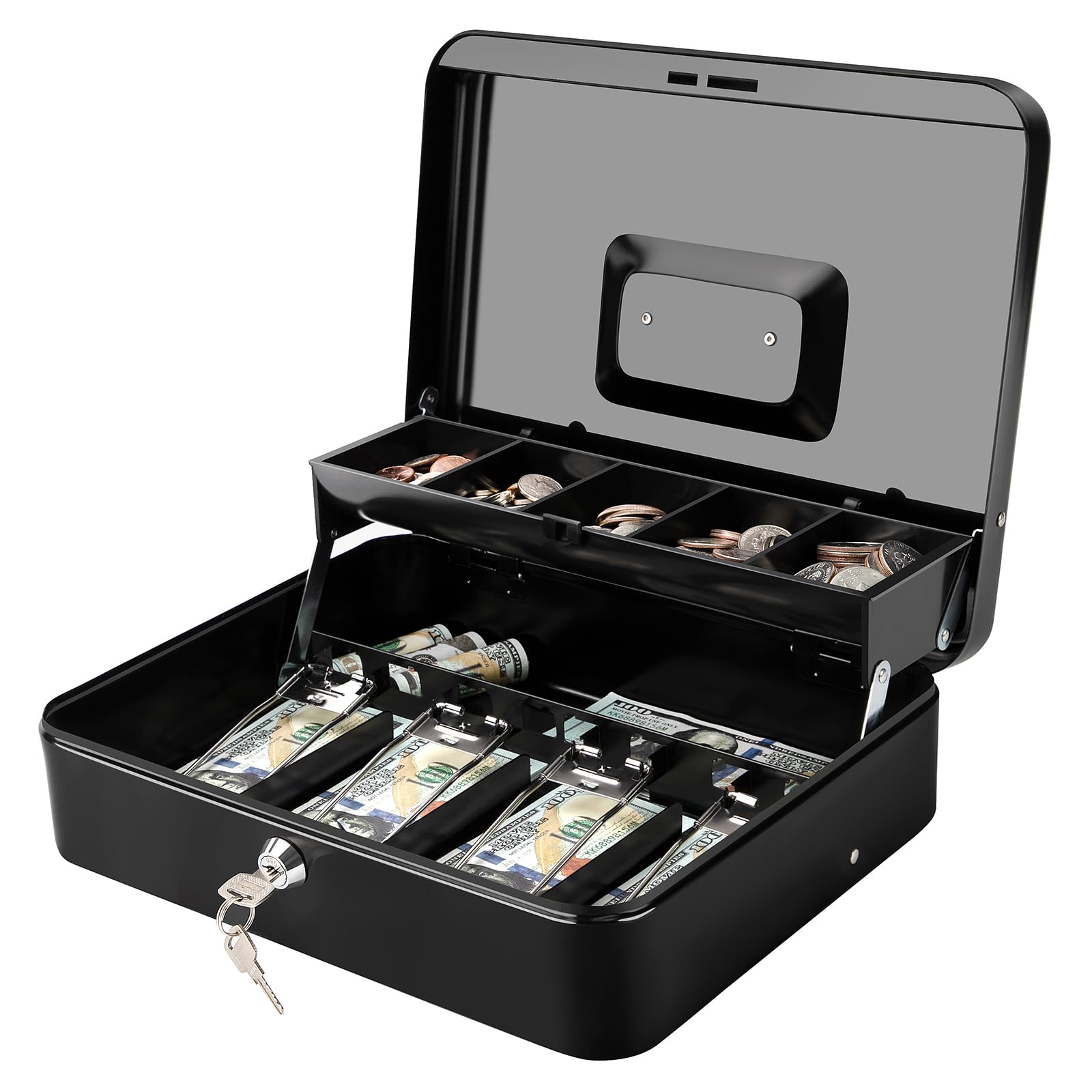 Jssmst Cash Box with Key Lock - 1mm Thick Metal Money Box for Garage Sales, Yard Sales and Petty Cash, Portable Cash Drawer with Coin Tray & Spill-Proof Foam Coin Cover, 4 No-Pinch Bill Clips,11.8''