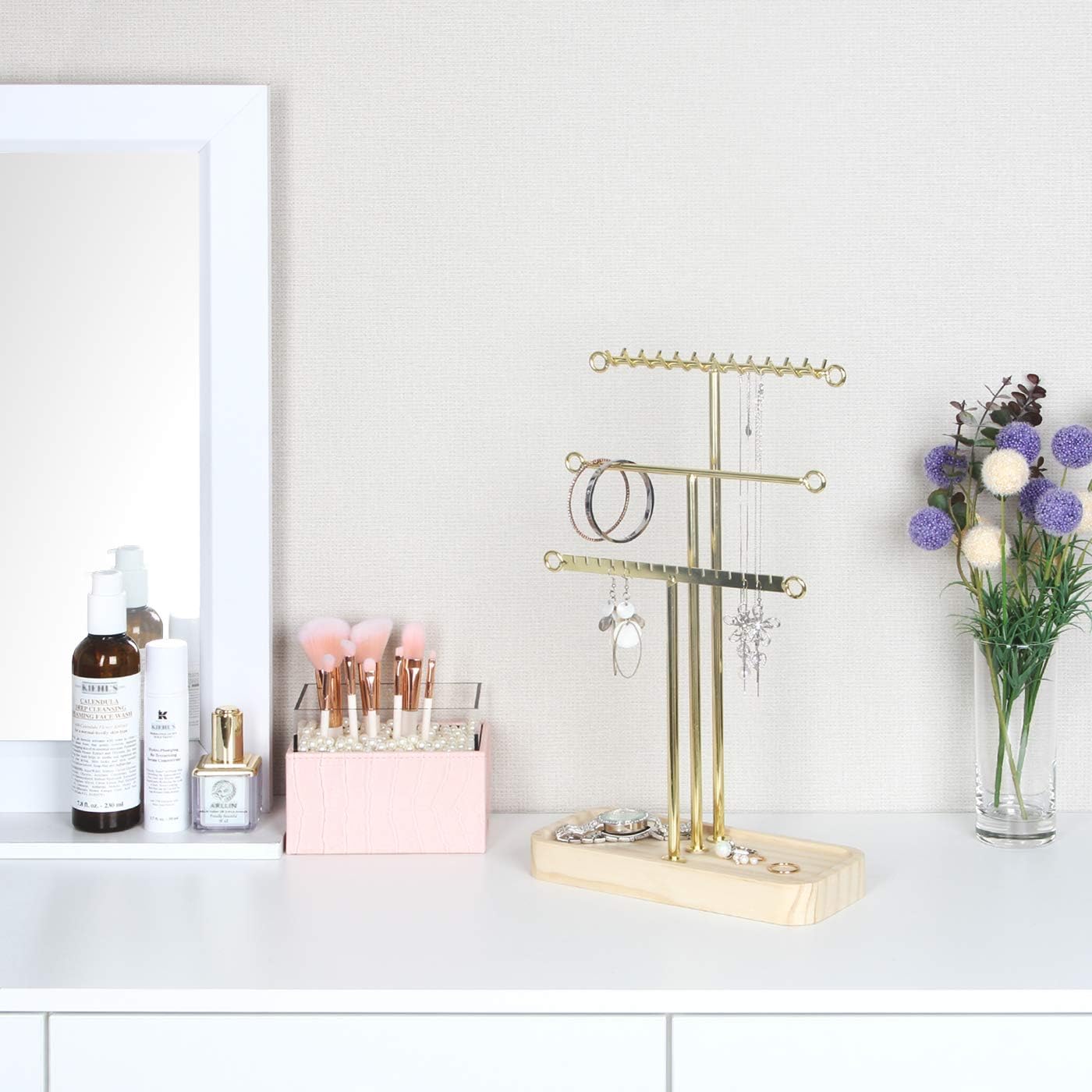 J JACKCUBE DESIGN Jewelry Gold Metal 3 Tier Tree Organizer Tabletop Display Stand Hanger Tower with Natural Wooden Tray Storage for Ring Bracelet Necklace Earring Holder Rack - MK601A : Clothing, Shoes & Jewelry