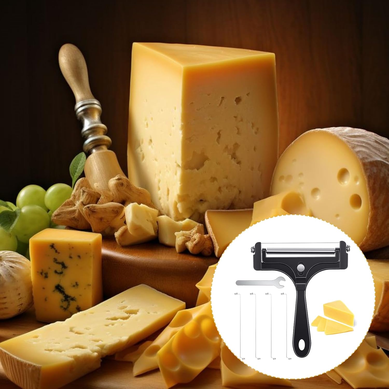 Wire Cheese Slicer Adjustable Handheld Cheese Cutter Stainless Steel Food Slicer for Block Cheeses with 4 Extra Wires and Wrench Handheld Butter Block Cutter for Mozzarella Cheddar Gruyere