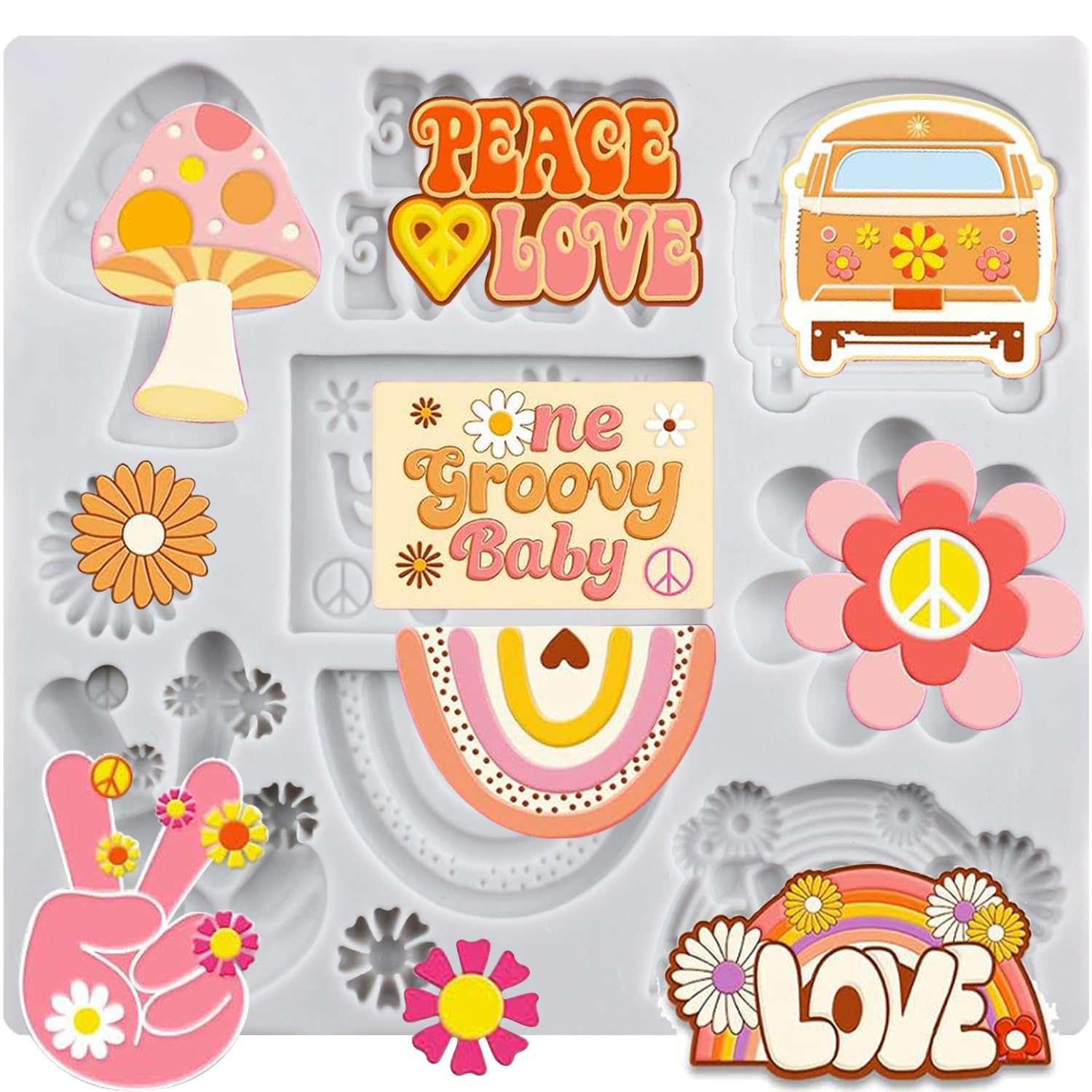 Sijiangmold Groovy Silicone Moulds Peace Signs Bus Rainbow Fondant Mould Mushroom Flower Moulds for Peace Love Party Cake Decoration Chocolate Cupcake Topper Candy Polymer Clay Gum Paste