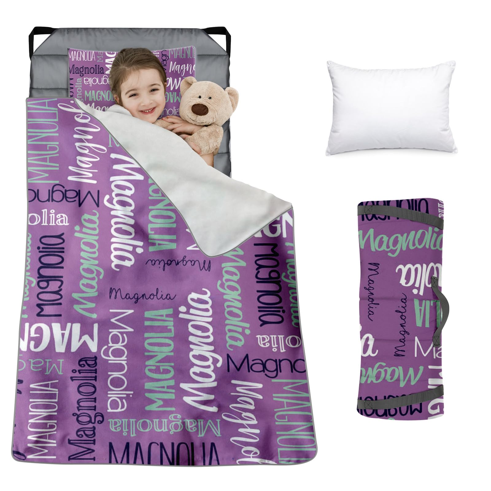 Custom Toddler Nap Mat for Preschool, Personalized Monogram Name Slumber Bags for Kids Daycare, Roll Up Sleeping Mats with Flannel Blanket & Removable Pillow for 2-15 Years Boys Girls Color08