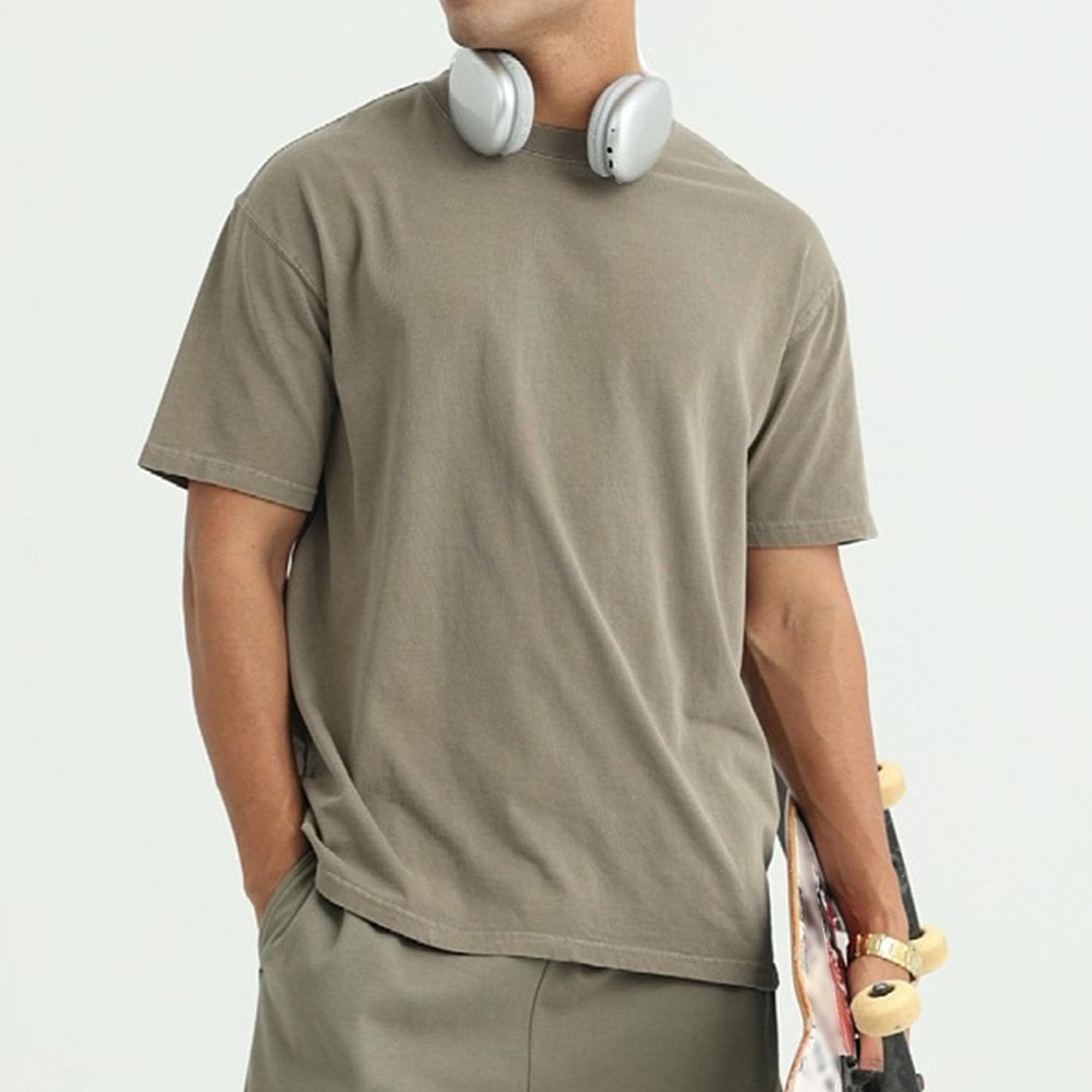 Men's Round Collar Loose Tide T-Shirt Simple Youth Campus College Shirts Summer Distressed Short Sleeve Pullover (Grey Green,Large)