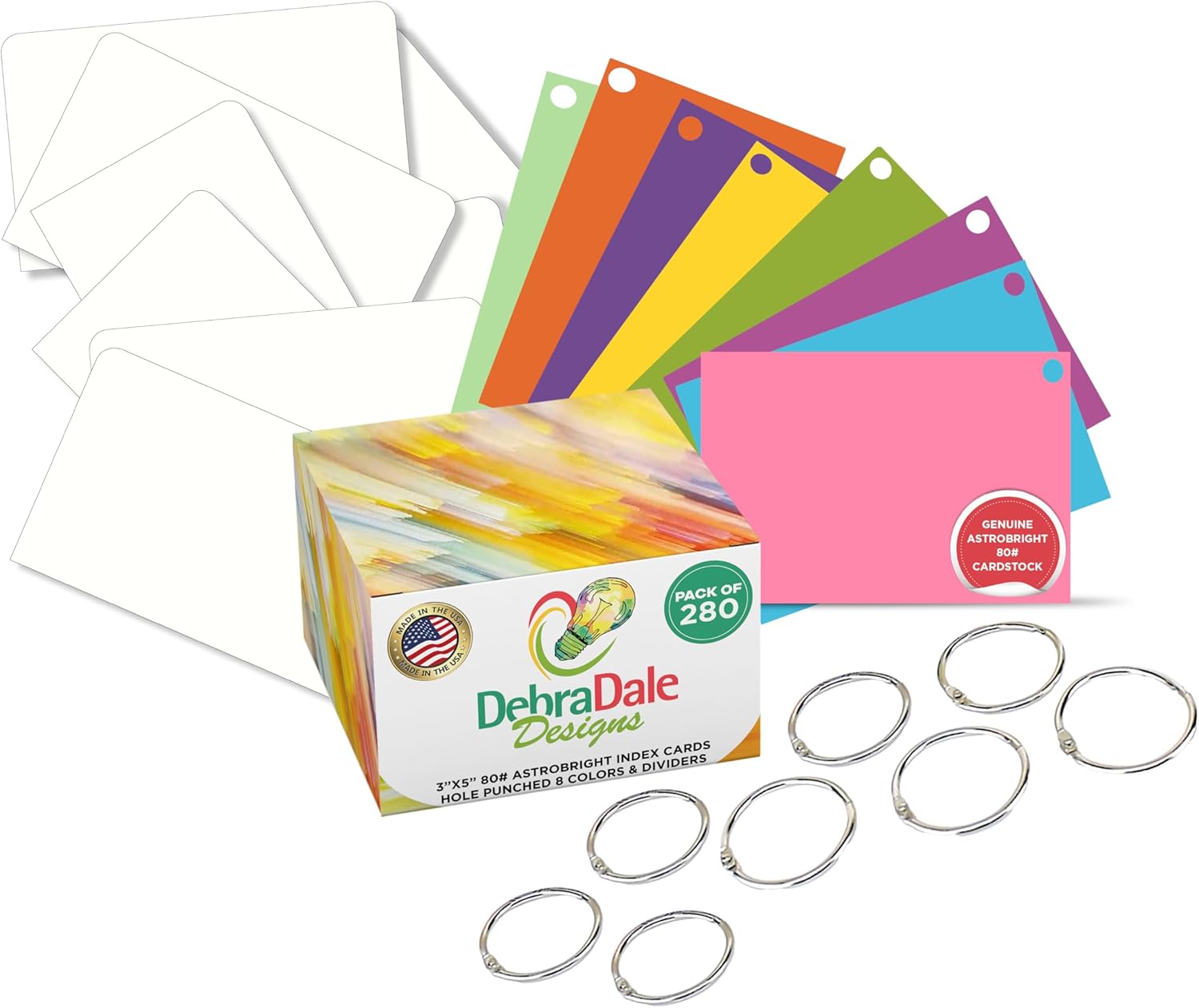 Debra Dale Designs - American-Made 3" x 5" Hole-Punched Cards - Smooth 80# Cardstock - 280 Cards in 8 Bright Colors - 8 Metal Rings & White Dividers - Includes Storage Box
