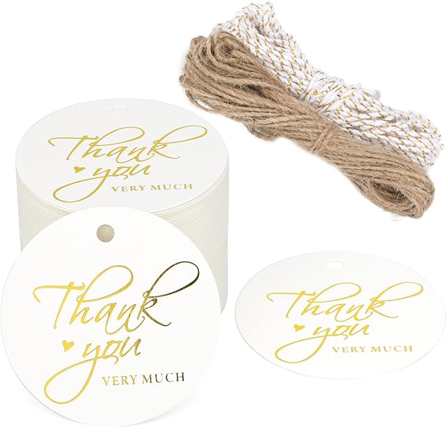 5CM Thank You Gift Tags, 100 PCS Round Kraft Paper Labels, 300g/m² Decoration Hanging Tags with 20M String for Wedding Favours