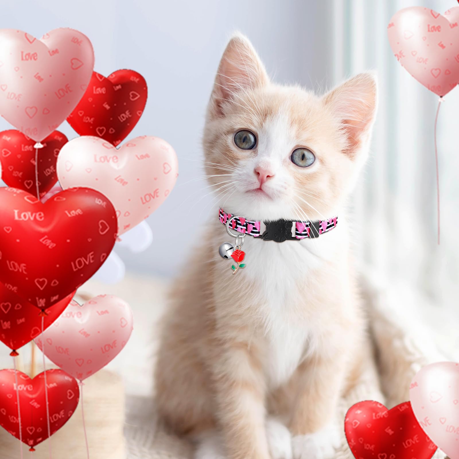 Huhumy 8 collares de gato de San Valentín ajustables con campana collares de gato con hebilla de plástico regalo para gatitos, mascotas, cachorros y perros