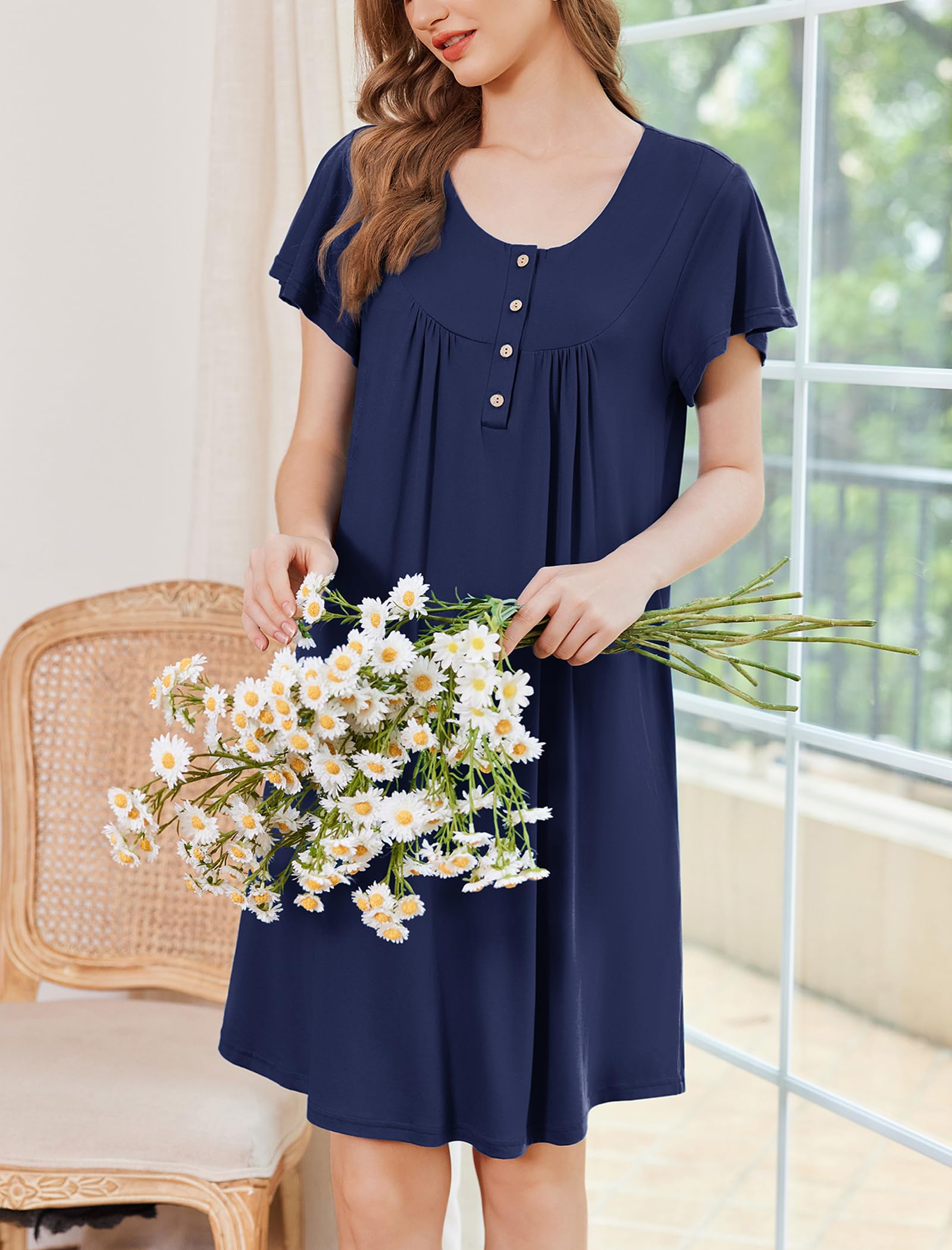 Ekouaer Camisones para mujer, vestido de casa de manga corta con bolsillos, estampado floral, vestido Mumu