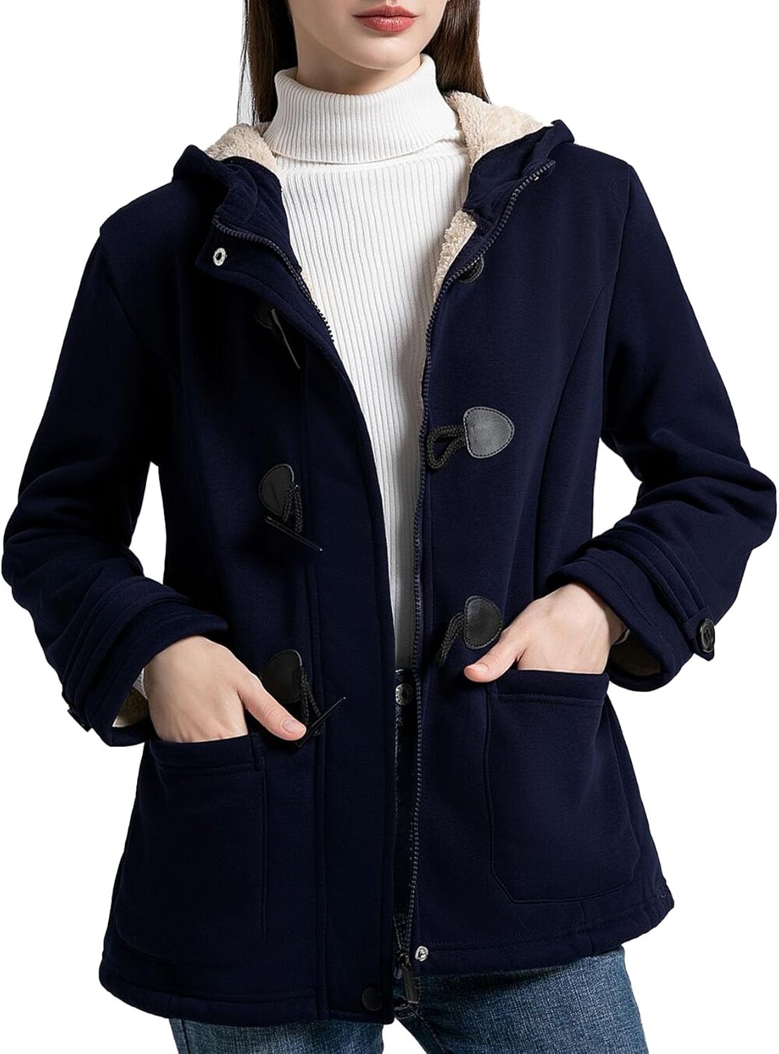 Flygo Sherpa Lined Winter Jackets for Women Fleece Hoodie Jacket Warm Fall Winter Toggle Duffle Coats