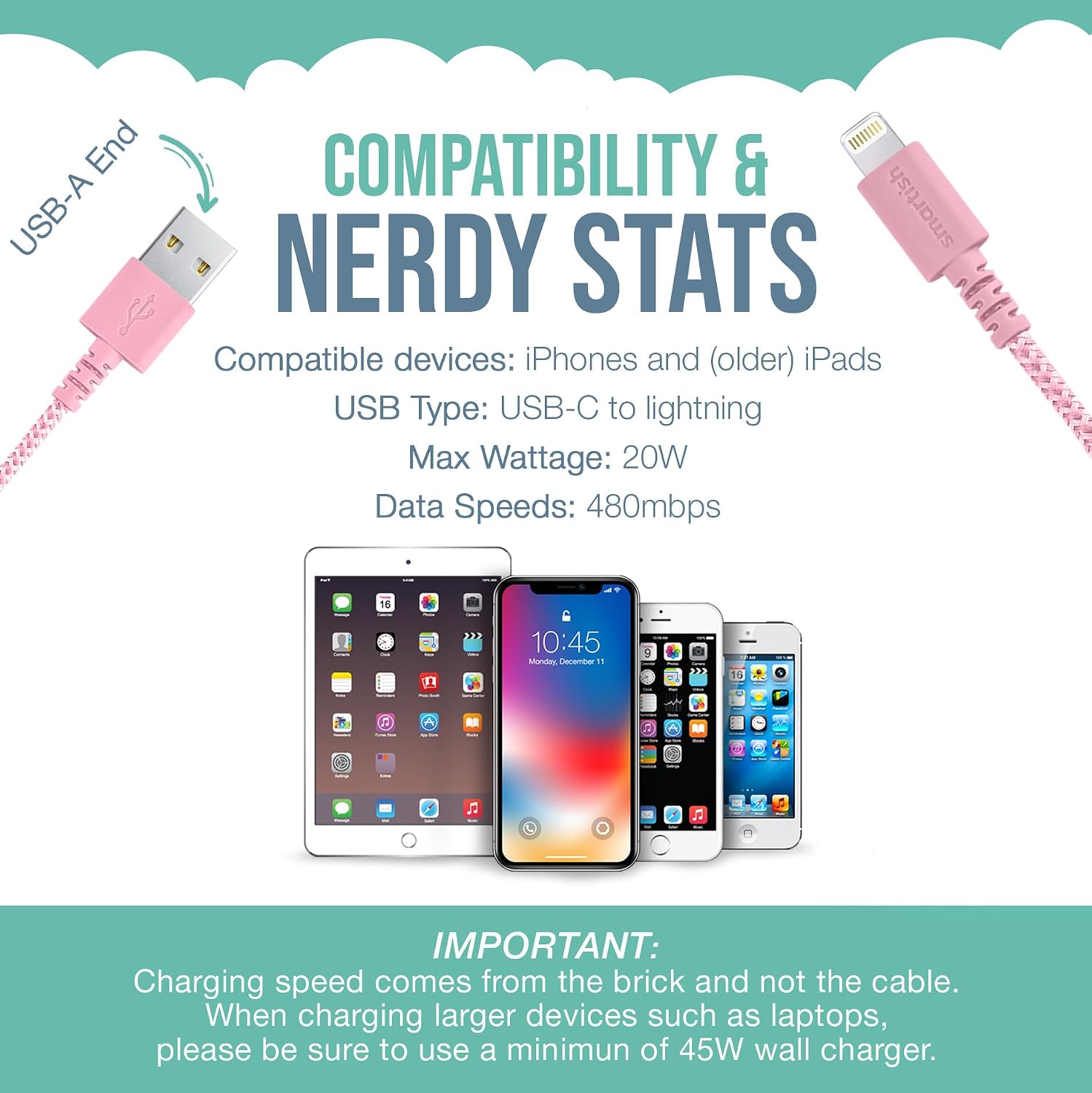 Smartish Lightning Fast Charging Cable - Crown Joule [Durable Nylon Fabric Cord] MFi Certified for iPad, Airpods, iPhone - I'm Blushing- 6ft