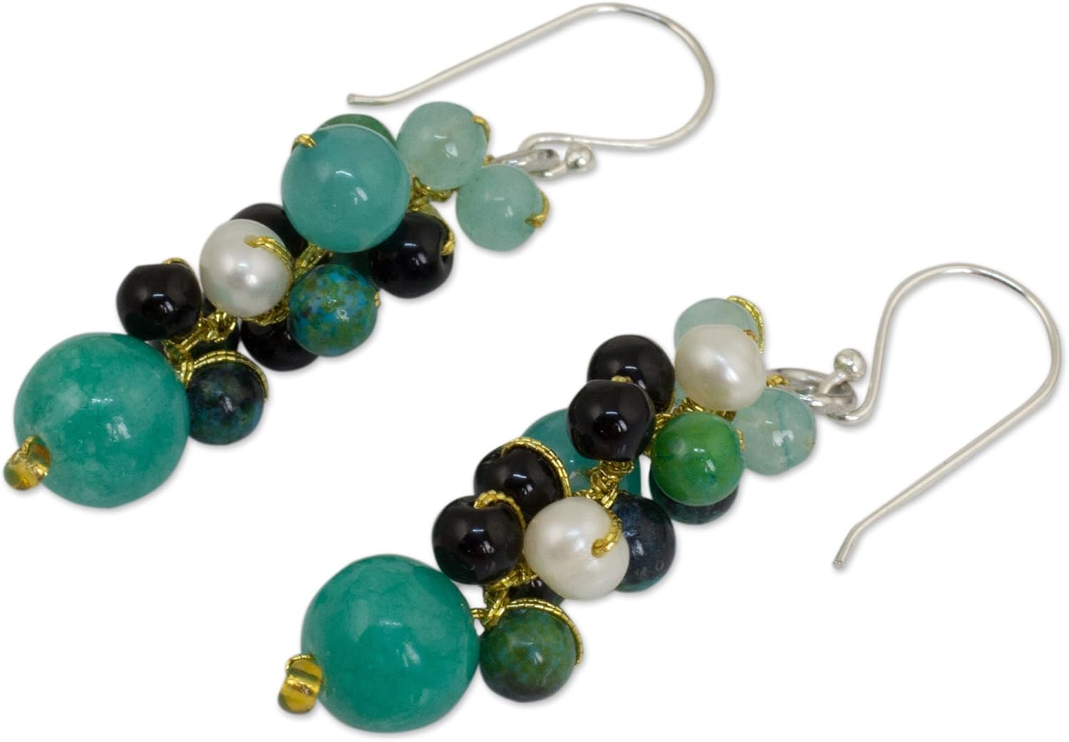 NOVICA Artisan Handmade Cultured Pearl Cluster Earrings Thai Green Agate Quartz Sterling Silver Plated Carnelian Glass Bead Black Beaded Dangle Thailand Bohemian Birthstone [1.8 in L x 0.4 in W] '