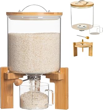 Glass Rice Dispenser 5L, Cereal Dispenser Countertop, Grain Dispenser/Food Storge Container for Kitchen and Pantry Organization, Cereal Dispenser with Bamboo Holder