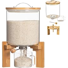 Glass Rice Dispenser 5L, Cereal Dispenser Countertop, Grain Dispenser/Food Storge Container for Kitchen and Pantry Organization, Cereal Dispenser with Bamboo Holder