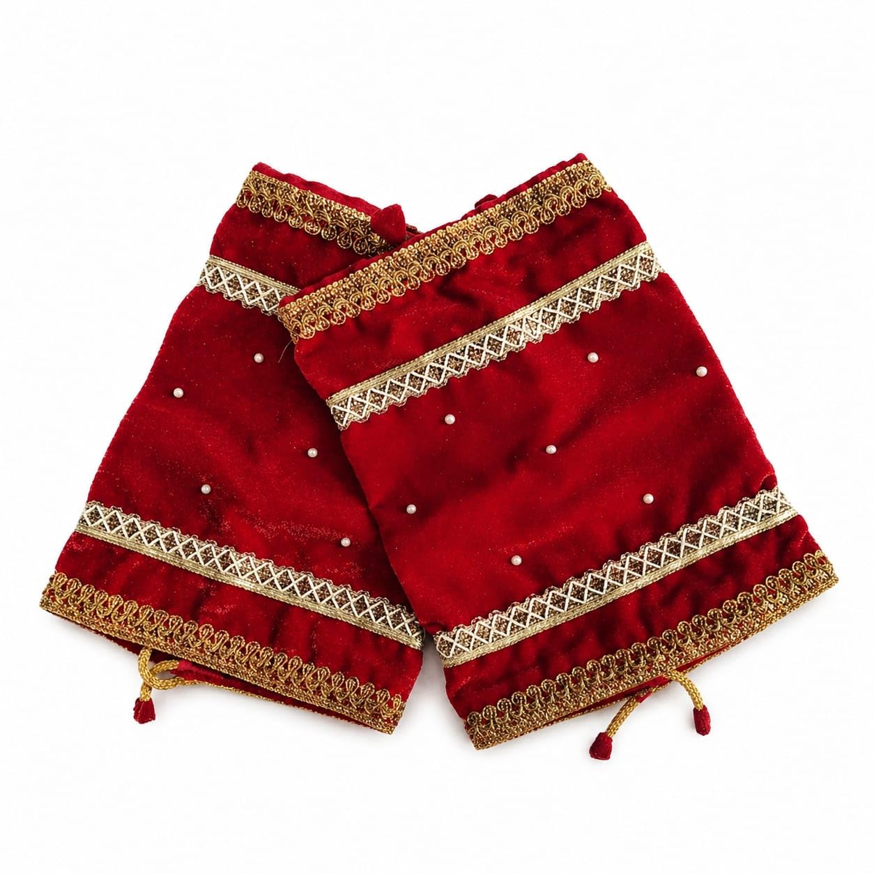 Chuda Cover for Women | Red Velvet Bangle Cover with Gold Lace Embellishment and Pearl Work | Drawstring Closure Chuda Pouch | Traditional Jewellery Storage Accessory for Wedding Festive Gift-image-48