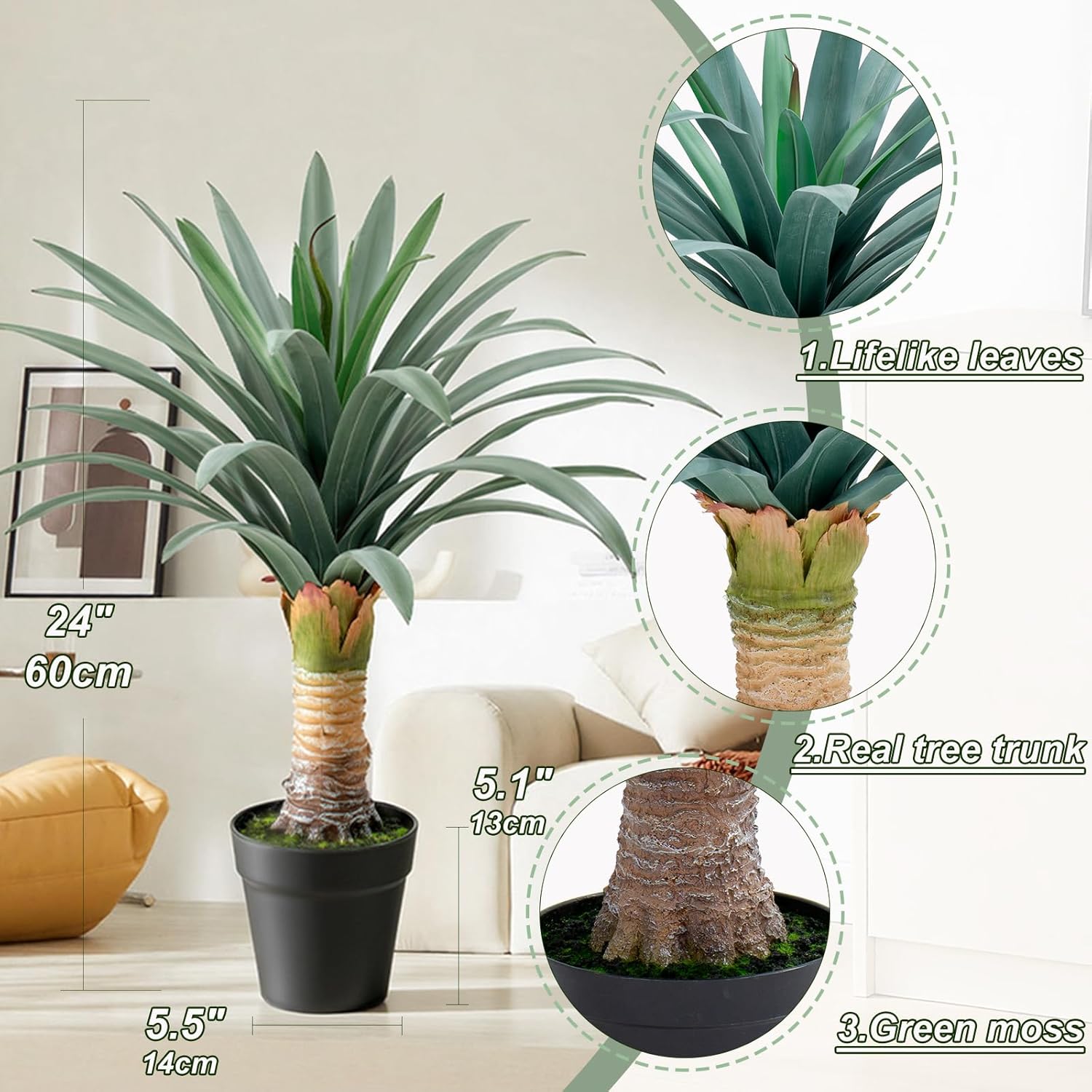 Gray Leaves Artificial Agave Plant with 36 Leaves, 23.62in for Indoor & Outdoor Home Decor, Perfect for Porch Living Room Bedroom Patio & Office Decoration（1-Pack）