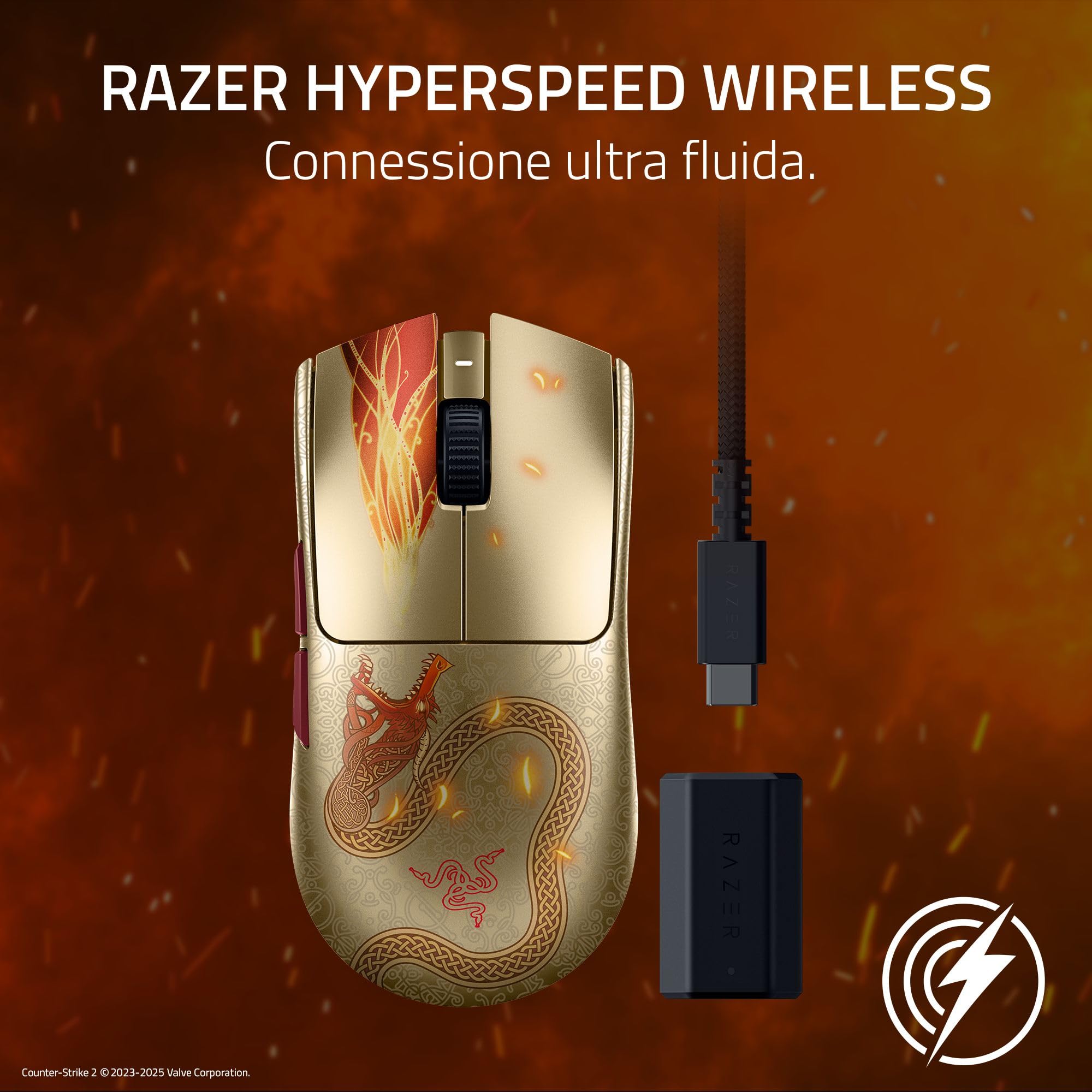 Razer Viper V3 Pro Counter-Strike 2 Dragon Lore - Mouse da gioco wireless ultraleggero per eSport - 55g - 8K HyperPolling - Sensore Pro 35K DPI - 2,4GHz HyperSpeed - 95 ore - PC/Mac | Dragon Lore