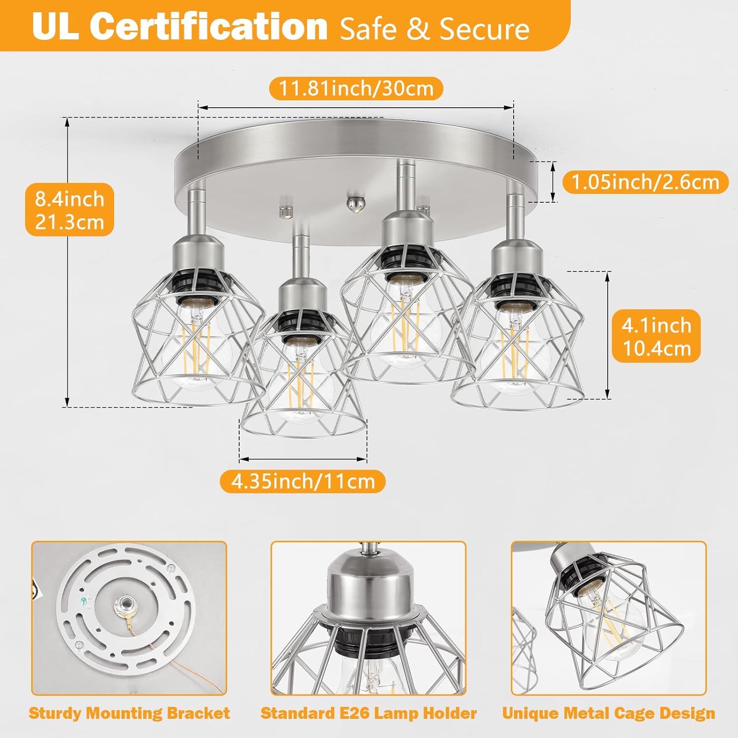 Baocuz 4-Light Brushed Nickel Kitchen Light Fixtures, Modern Hallway Light Fixtures Ceiling, Adjustable Multi-Directional Indoor Silver Metal Cage Close to Ceiling Lights for House Bedroom