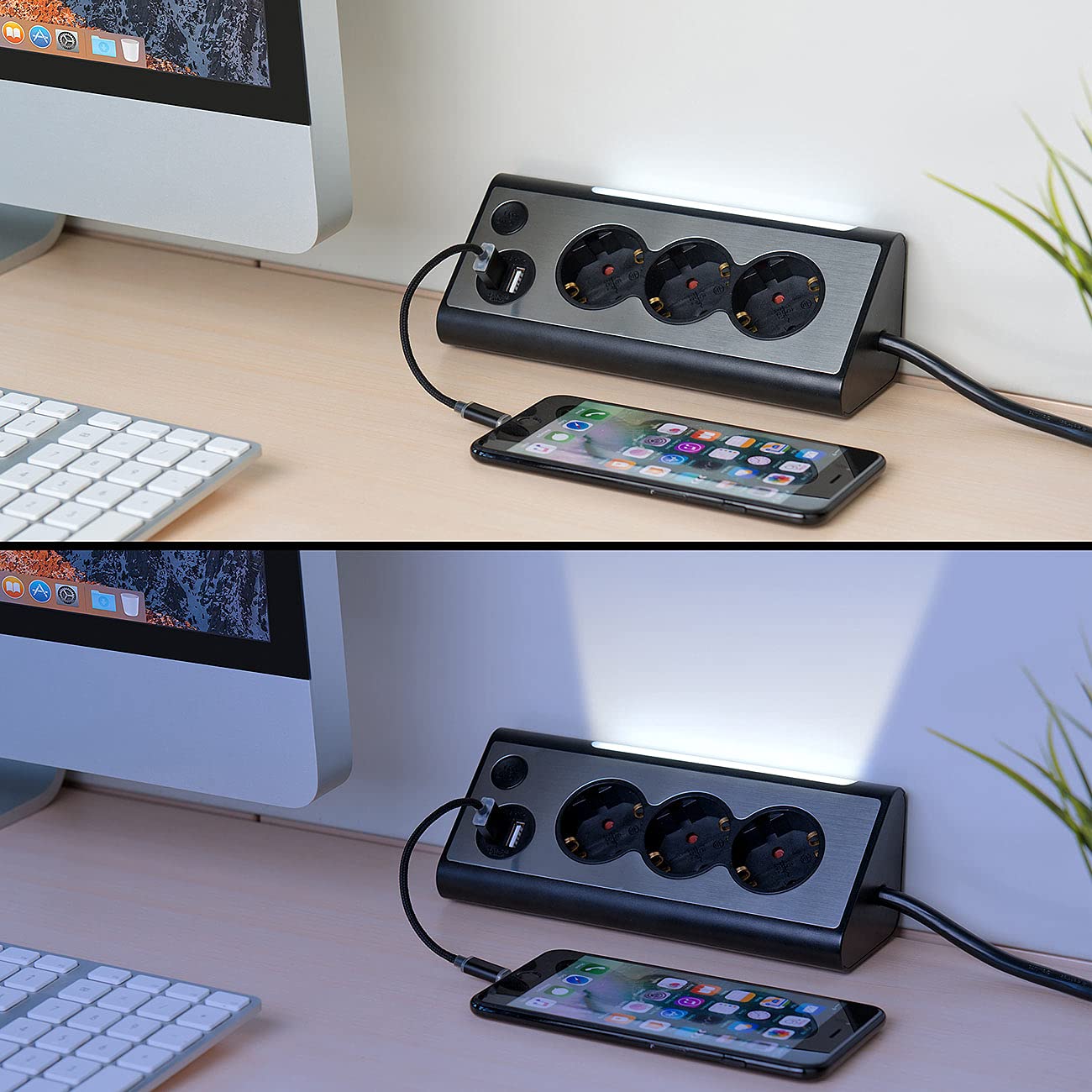 revolt Steckdosenverteiler: 2er-Set 3-Fach-Eck-Steckdosenleiste mit 2 USB-Lade-Ports & Nachtlicht (Steckdosenblock, Eck-Steckdose, Apple iPhone Ladekabel)