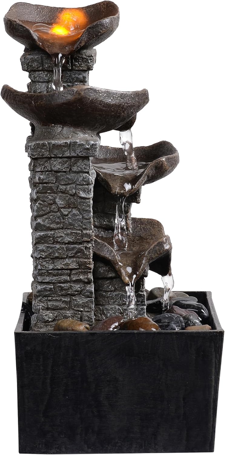 Tabletop Indoor Water Fountain Cascading with 3-Tier Bowl Brick Wall Design with LED Light Tabletop Zen Decor